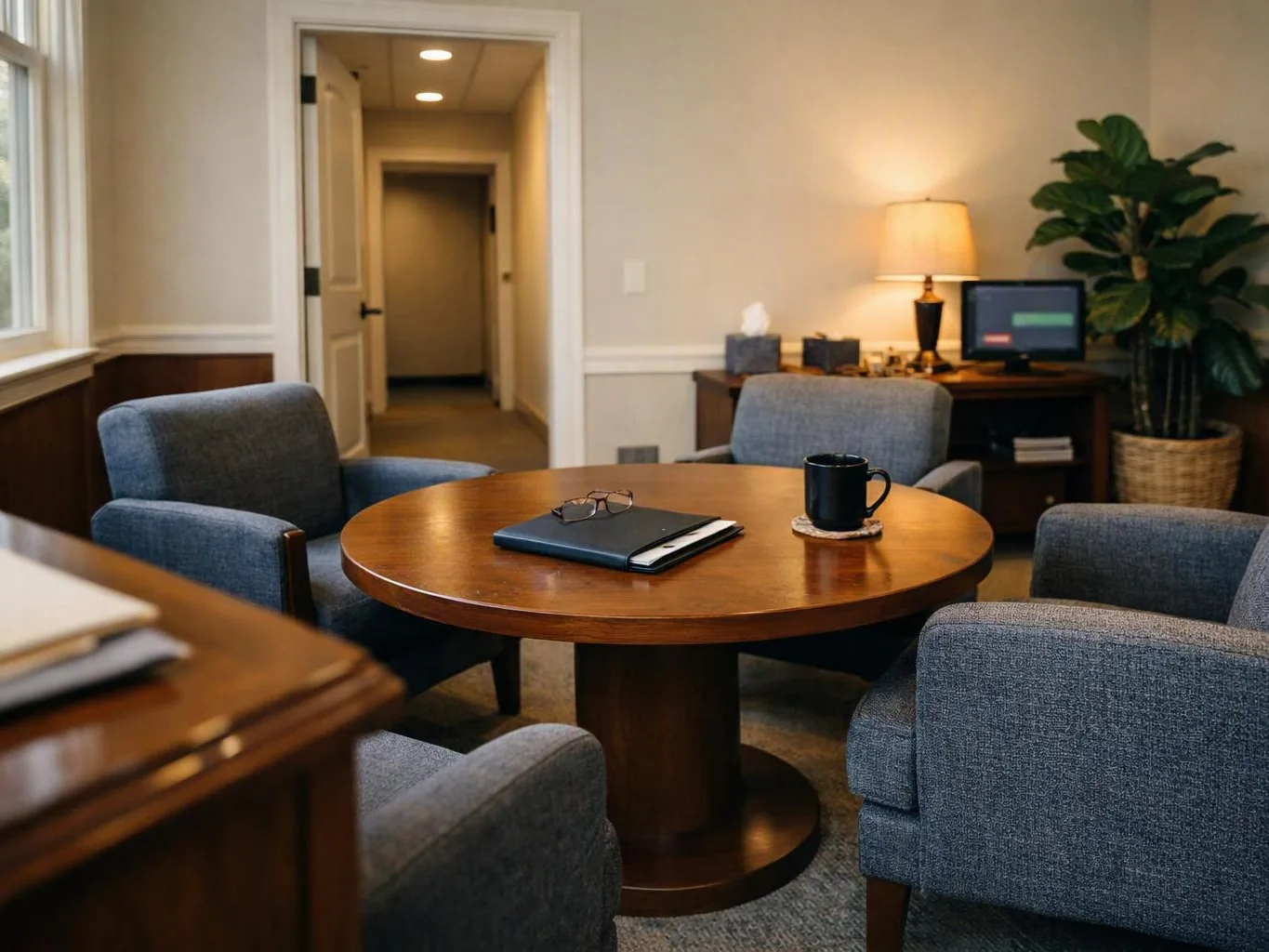 A quiet office lounge shows gray chairs вокруг a round wooden table with a notebook, glasses, and a mug