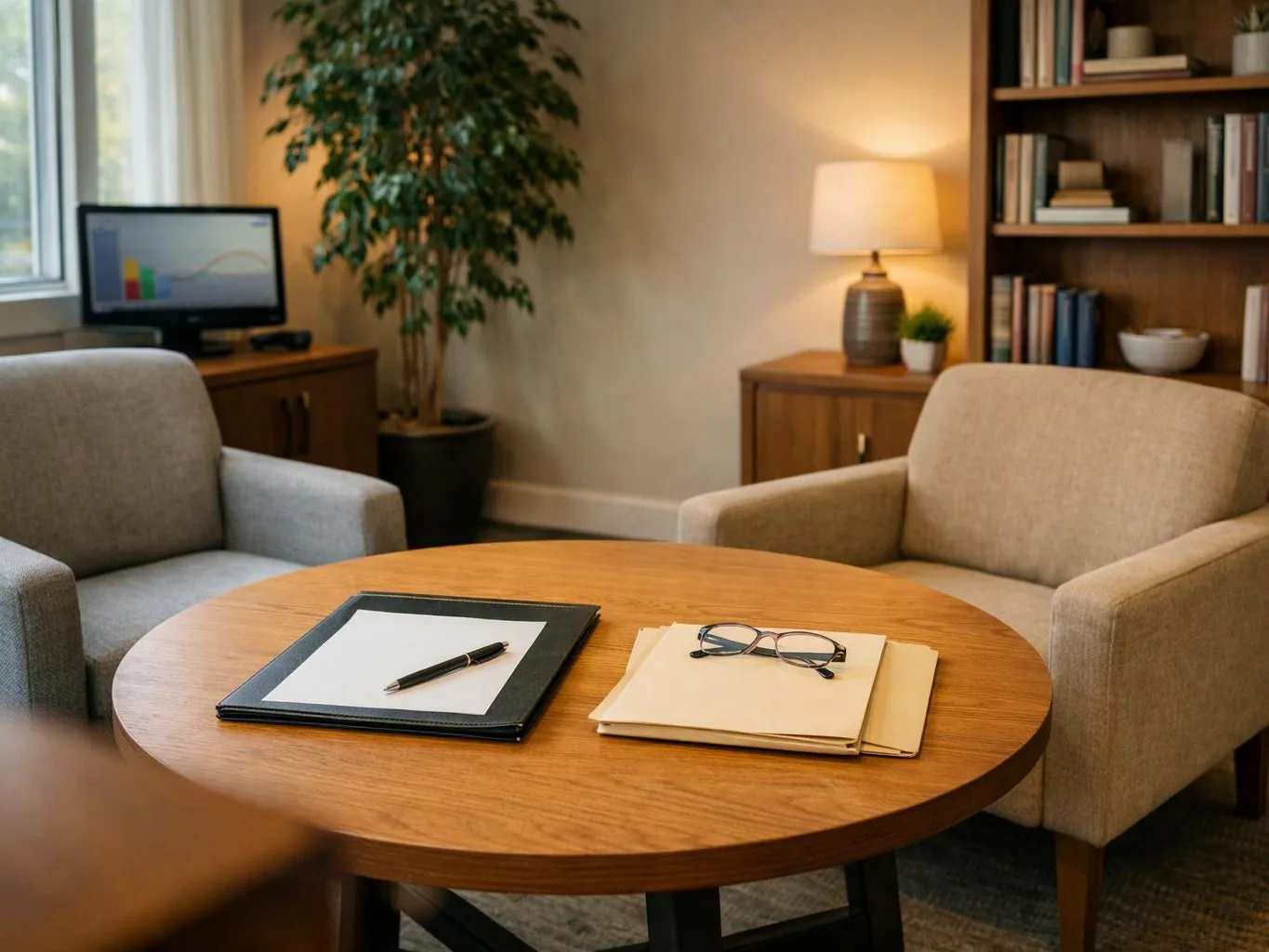 A quiet office lounge shows two chairs around a round table with papers, a pen, and glasses