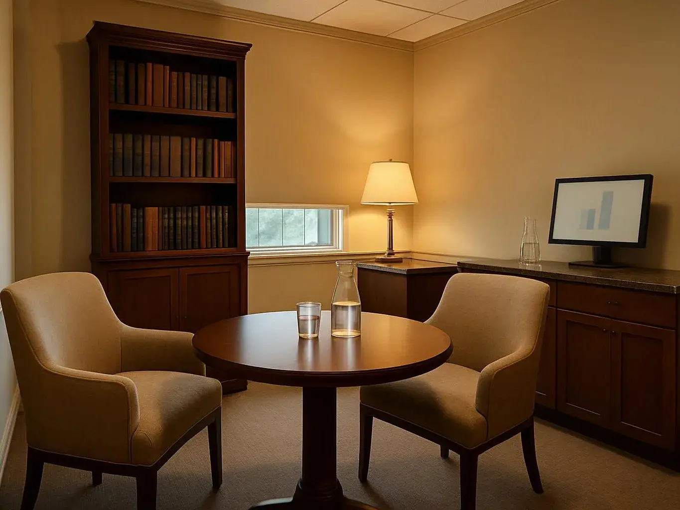 A quiet office lounge shows two tan chairs, a round table, a lamp, bookshelves, and a computer monitor on a cabinet