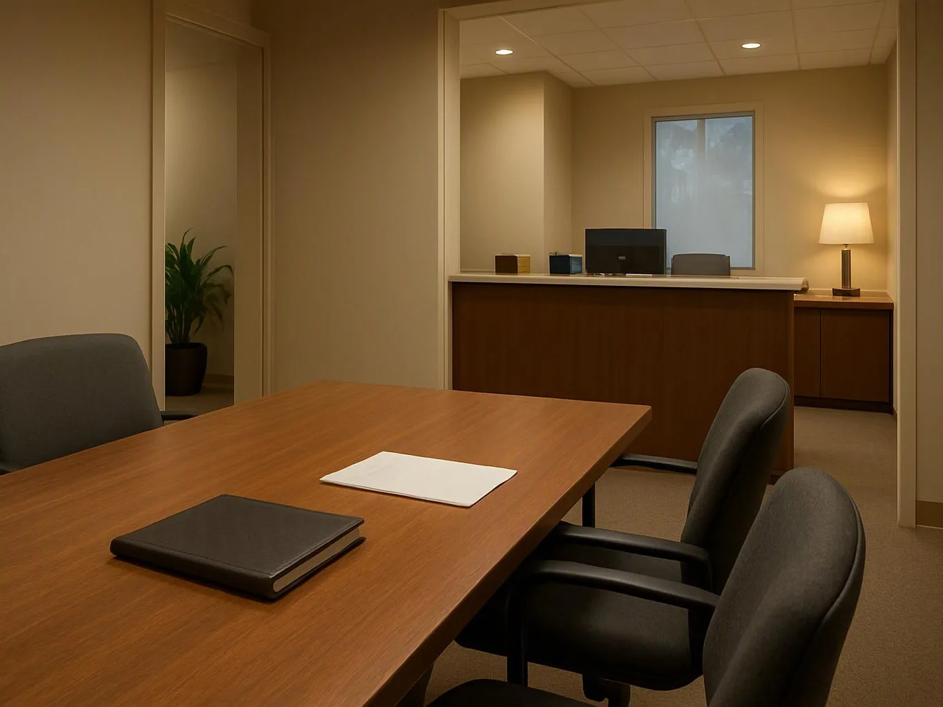 A quiet office meeting room shows a wooden table, chairs, a desk, and a lit lamp