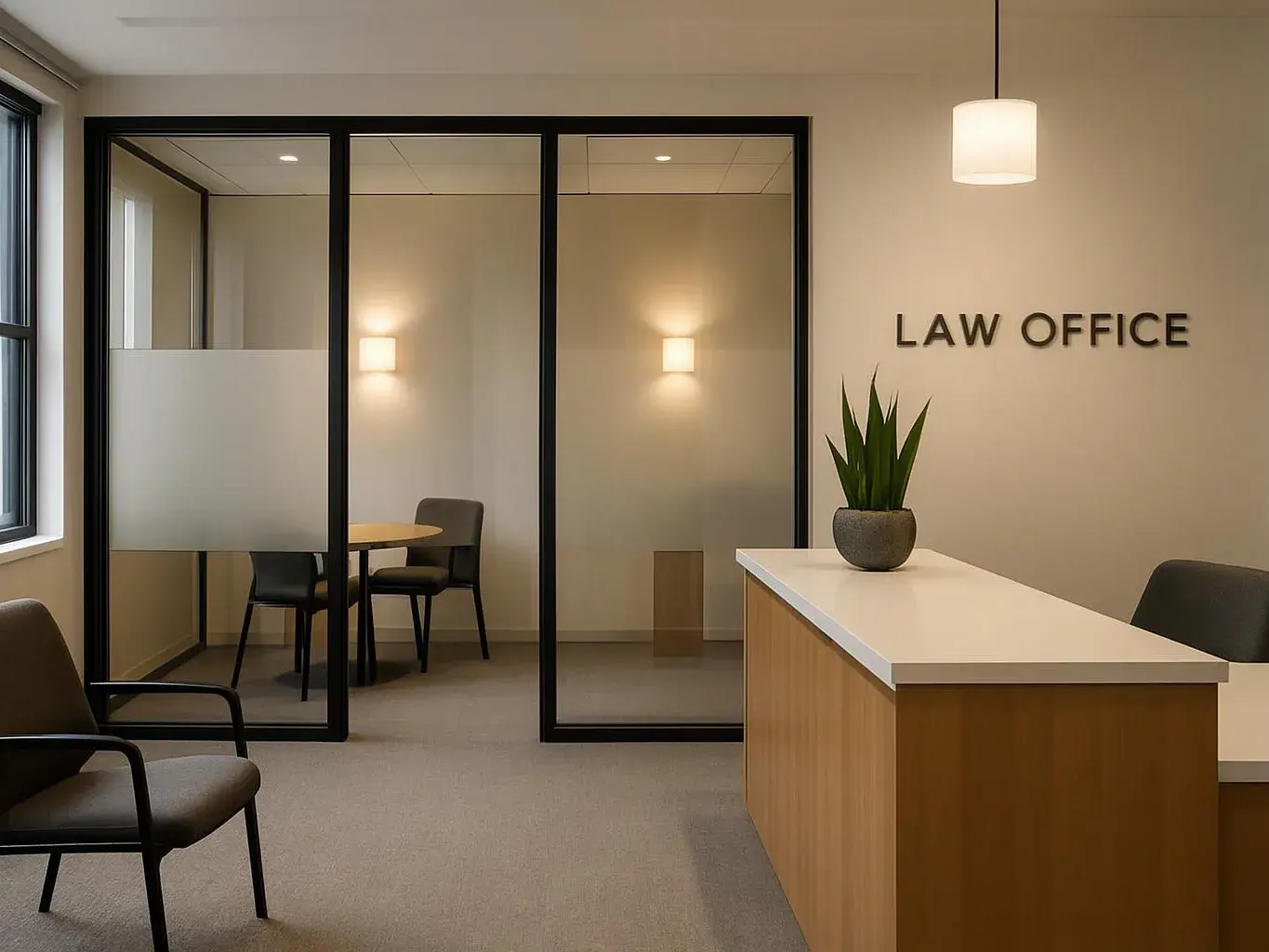 A quiet office reception with chairs, a desk, glass meeting rooms, and a wall sign reading " "