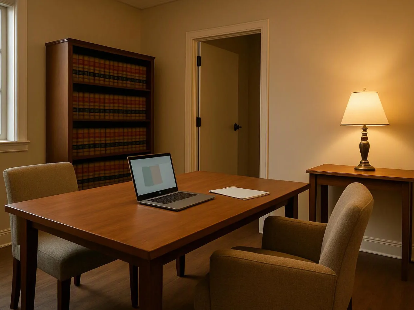 A quiet office shows a wooden desk with a laptop, two chairs, a lamp, and a bookcase