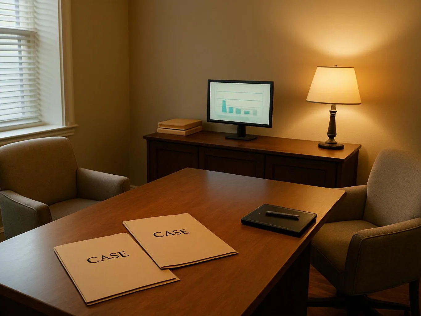 A quiet office shows a wooden table with case folders, two chairs, a lamp, and a small monitor displaying a chart