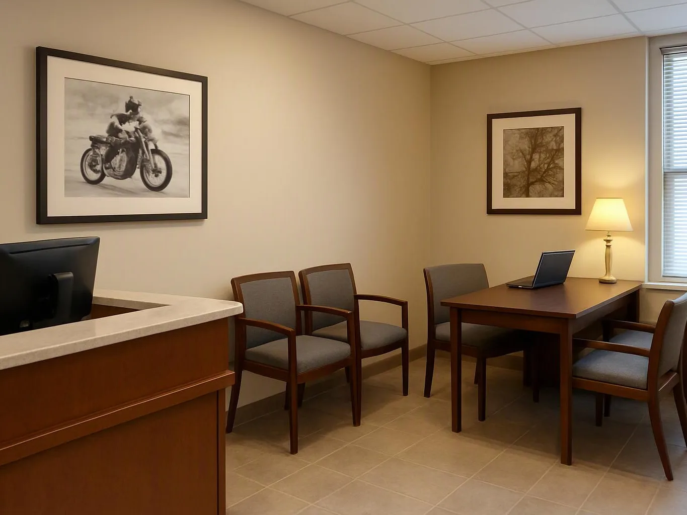 A quiet office waiting room has chairs, a desk with a laptop and lamp, and framed wall art