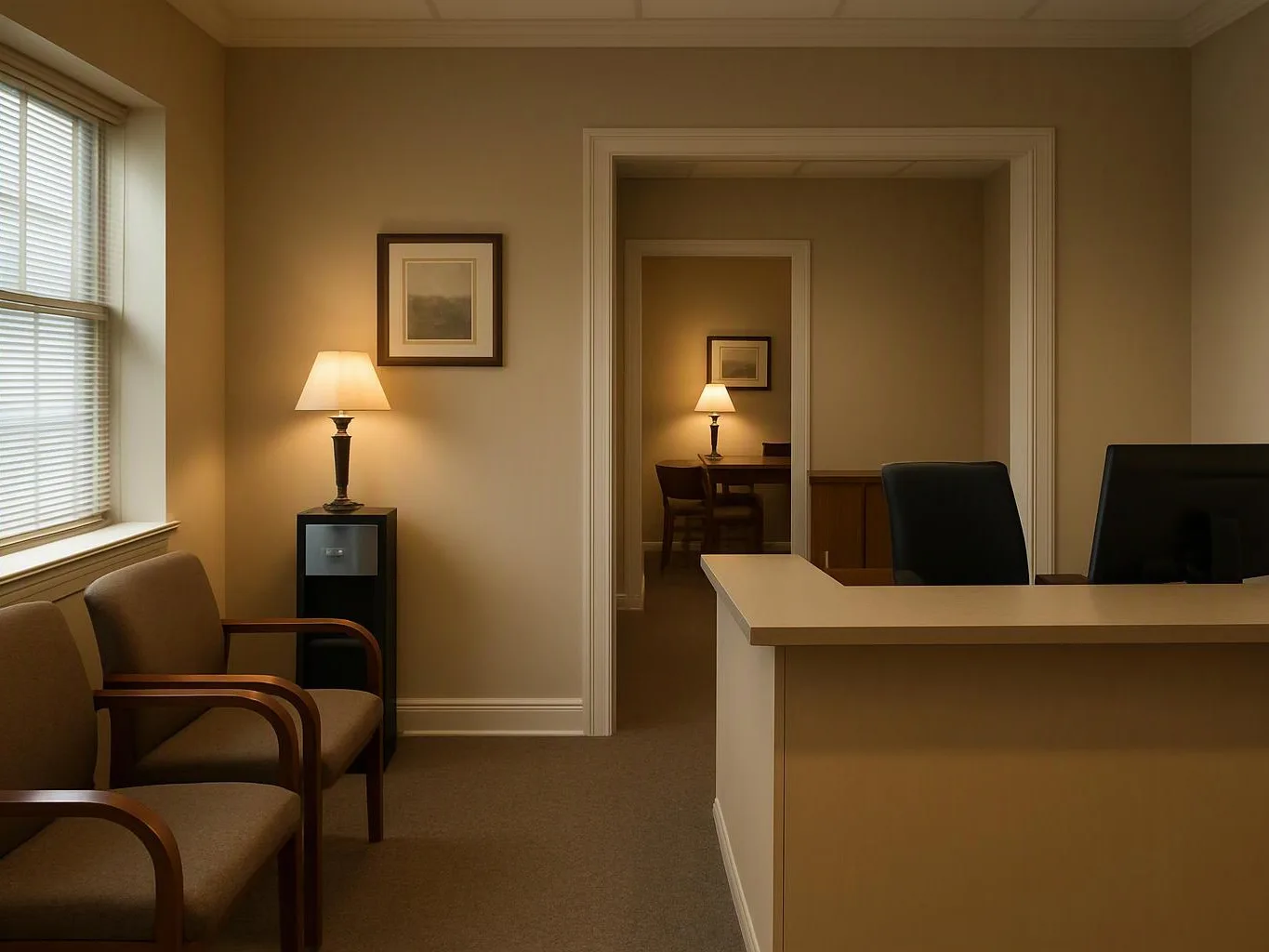 A quiet office waiting room shows chairs, a desk lamp, and an open doorway into another room