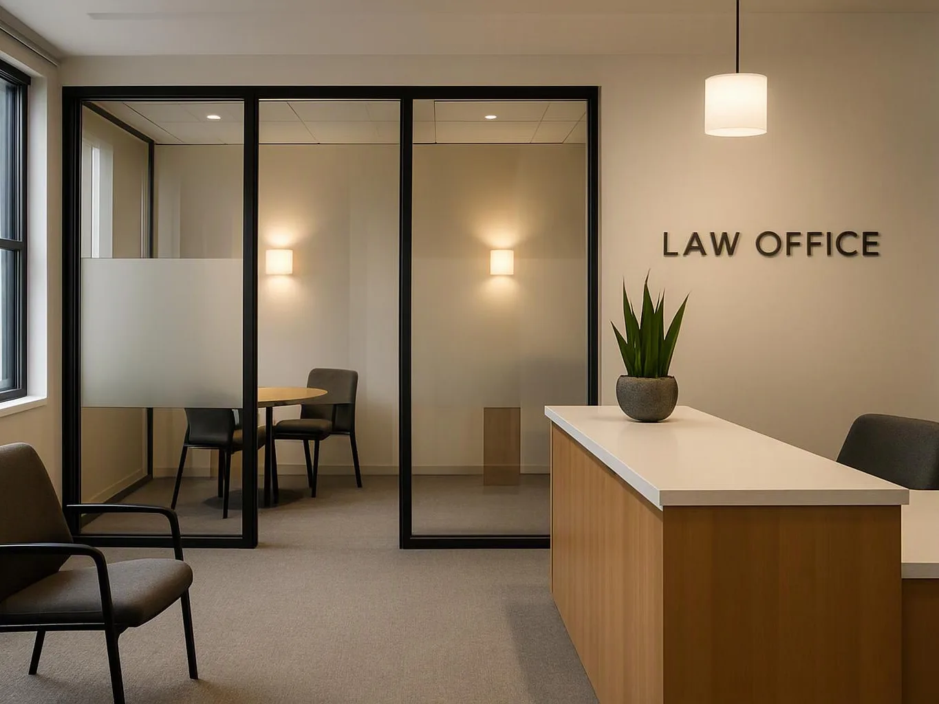 A quiet reception area shows a desk, chairs, glass meeting rooms, and a wall sign reading "LAW OFFICE"