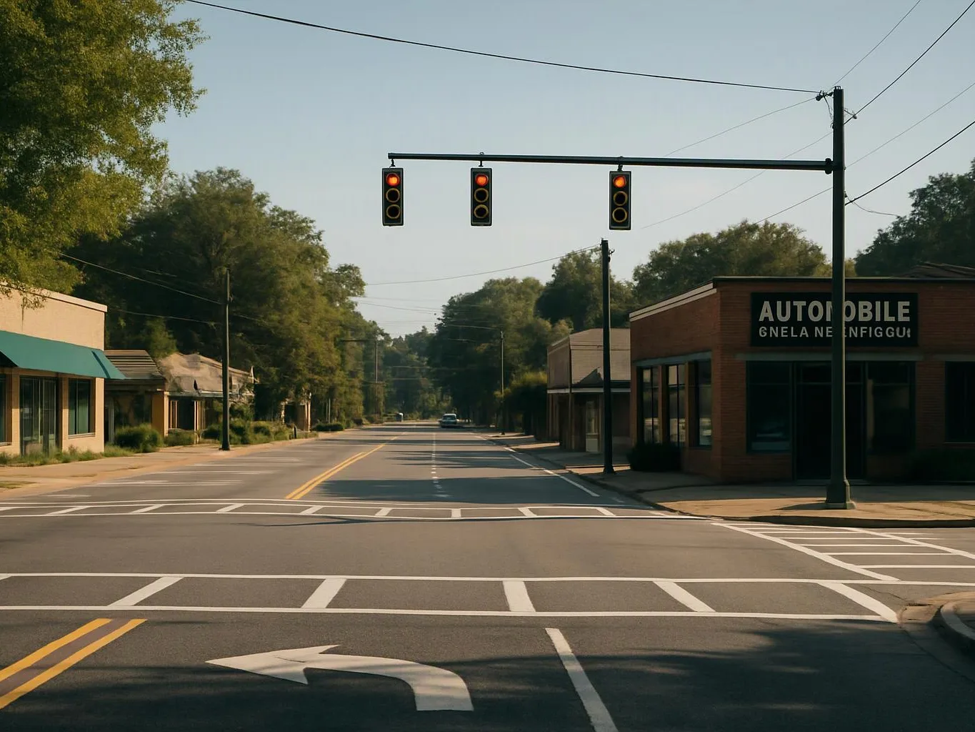 A quiet street intersection shows red traffic lights, empty lanes, and storefronts under tall trees