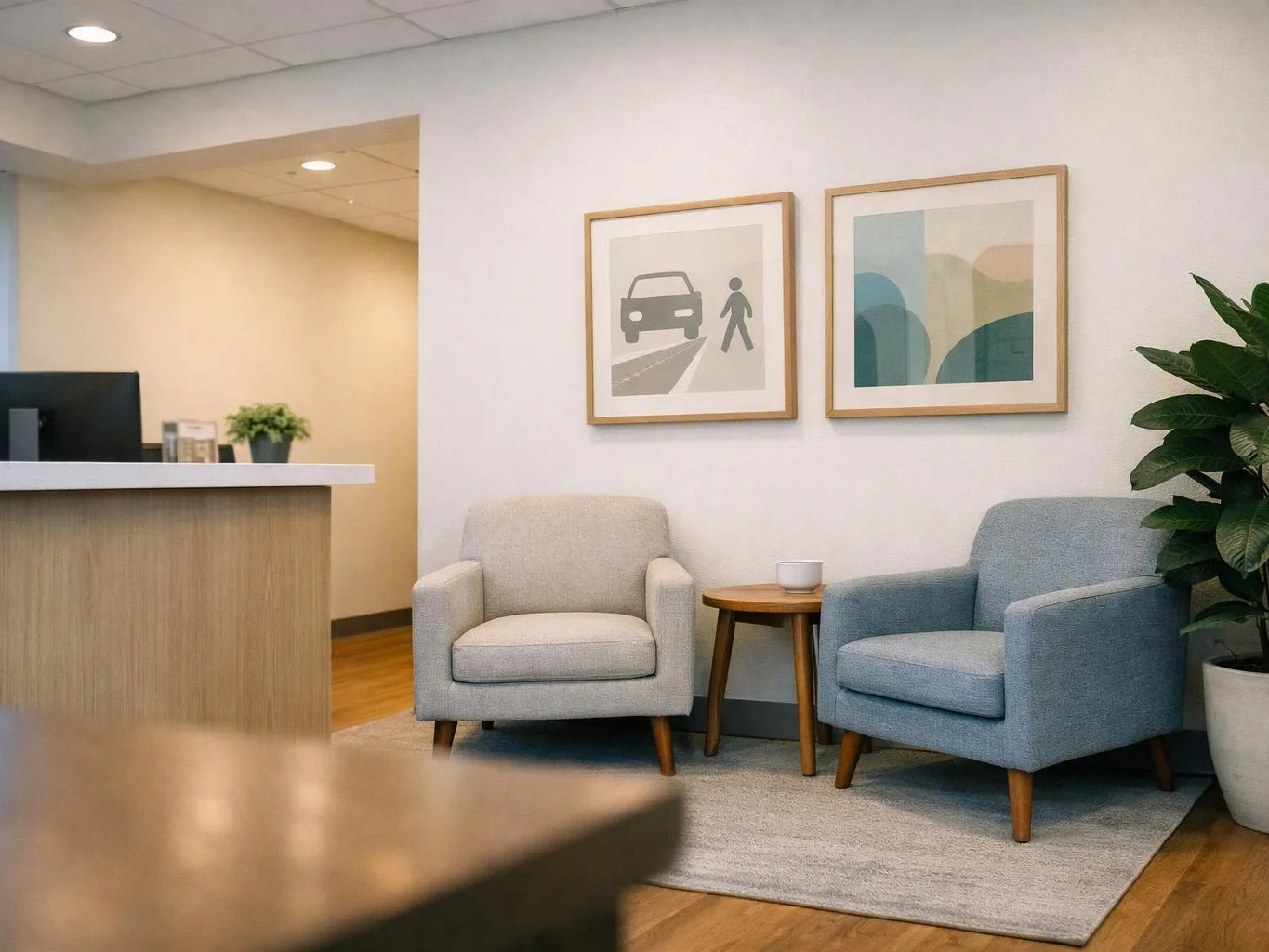 A quiet waiting area has two armchairs, a small table, framed art, and a reception counter
