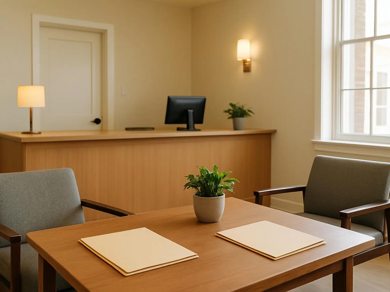 A quiet waiting room has a reception desk, two chairs, a table with folders, and small potted plants