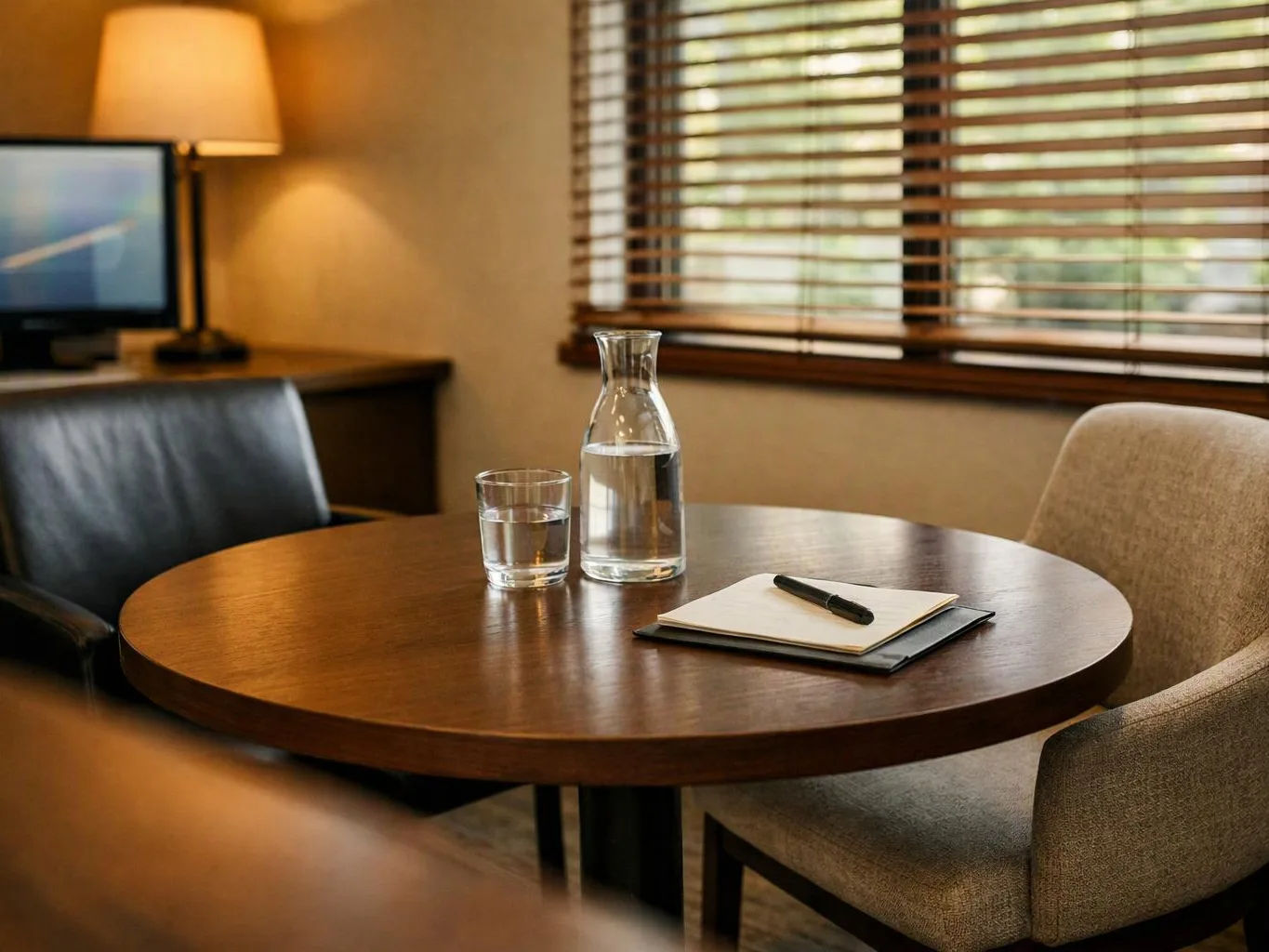 A round wooden table holds a water carafe, a glass, and a notebook with a pen in a quiet room