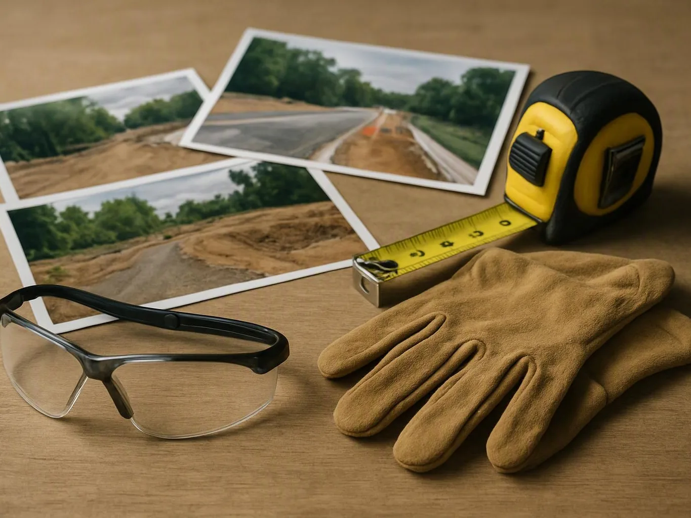 Safety glasses, gloves, a tape measure, and road photos lie on a wooden table
