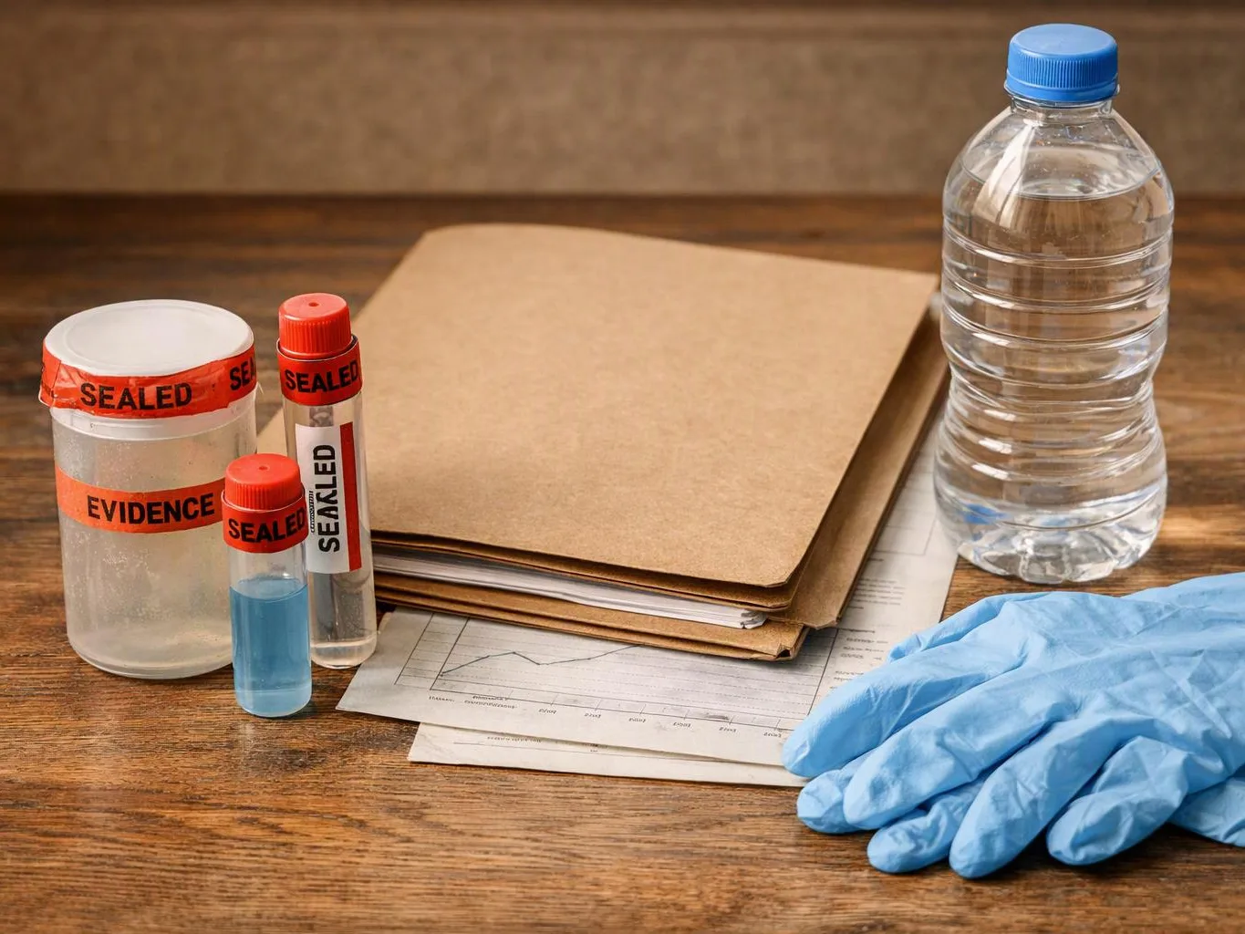 Sealed evidence containers, folders, a water bottle, and blue gloves sit on a wooden table