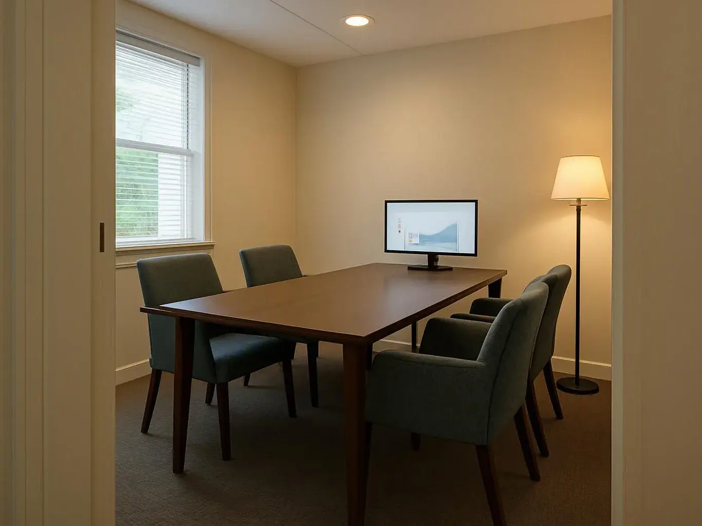 A small meeting room has a wooden table, four chairs, a monitor, and a floor lamp by the window
