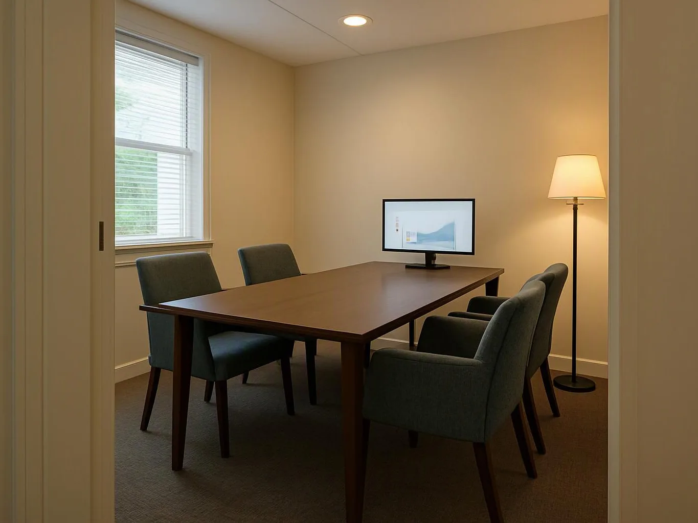 A small meeting room shows a wooden table, four gray chairs, a monitor, and a floor lamp