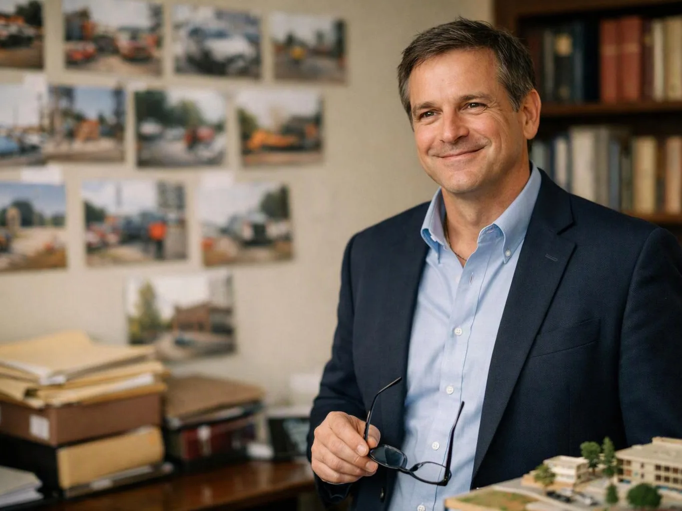 A smiling man in a blazer holds glasses in a room with wall photos, books, and model buildings