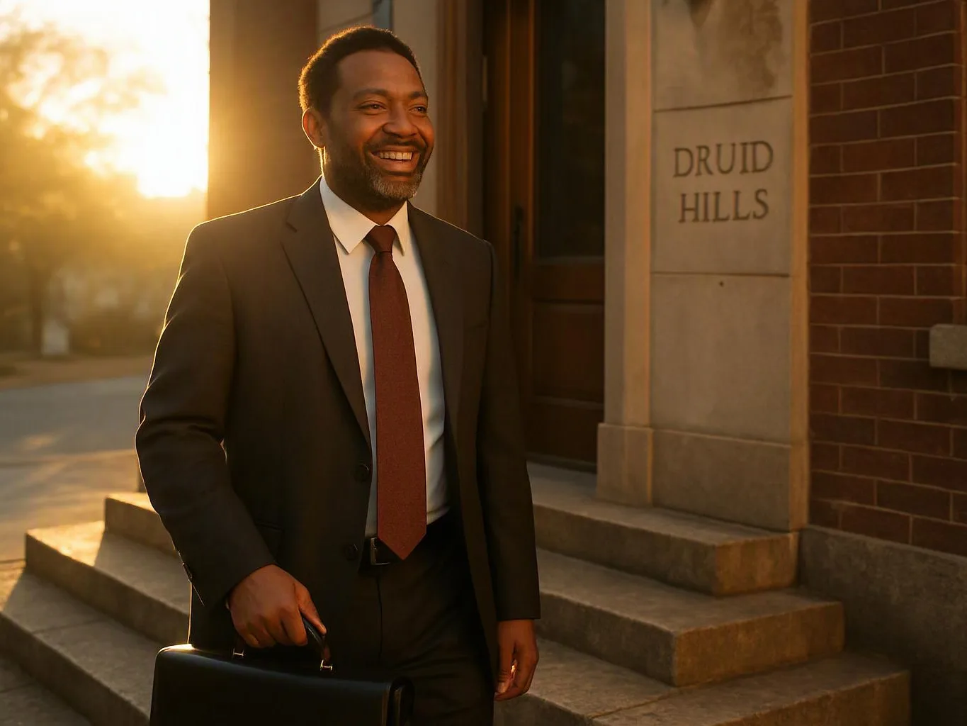 A smiling man in a suit carries a briefcase outside a brick building at sunset