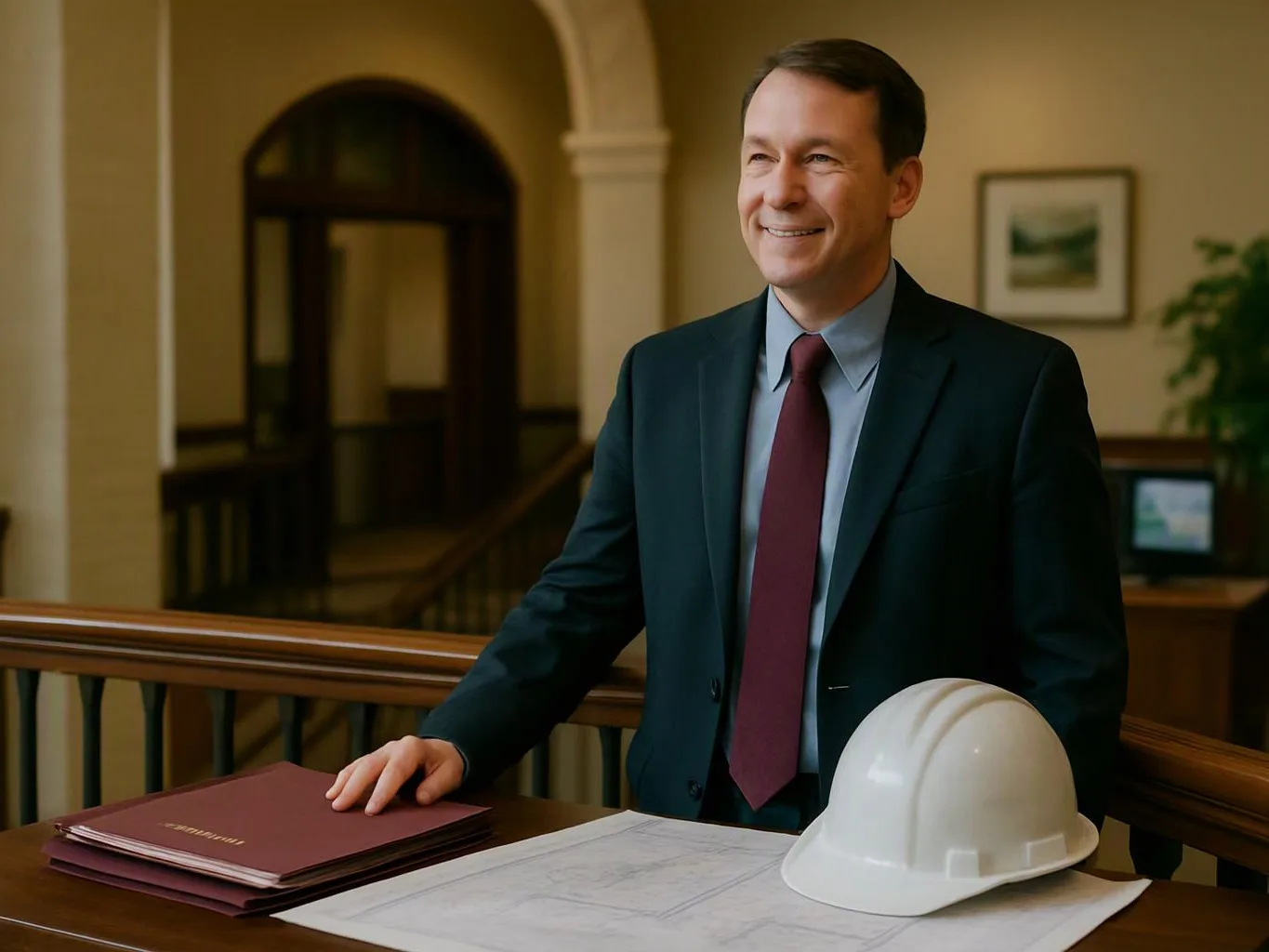 A smiling man in a suit stands by architectural plans and a white hard hat on a wooden table