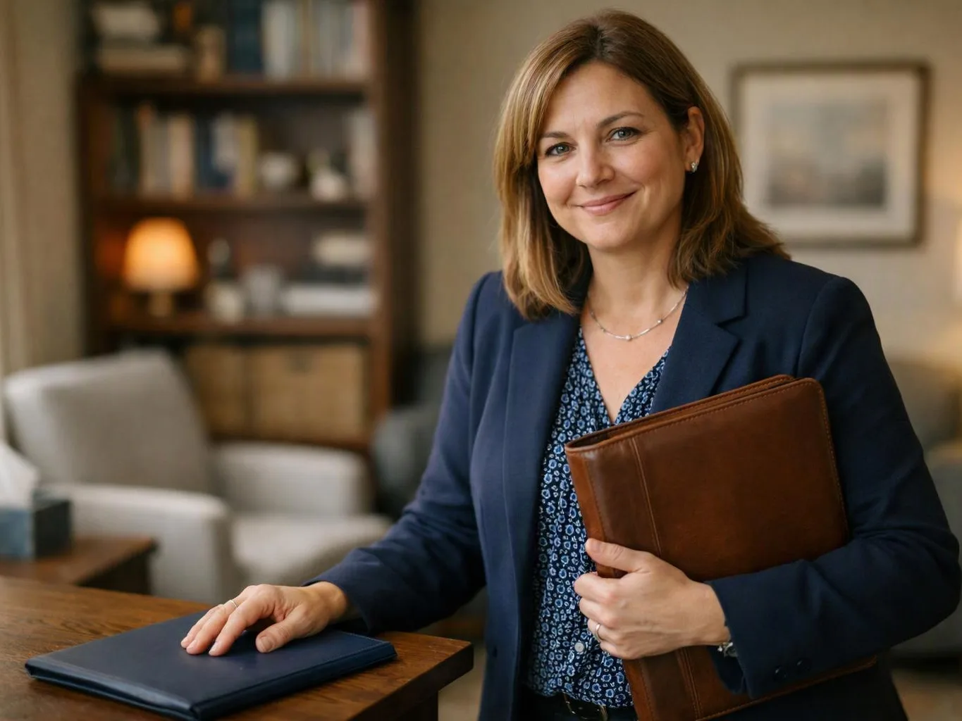 A smiling woman stands by a desk in an office, holding a brown folder and touching a blue binder