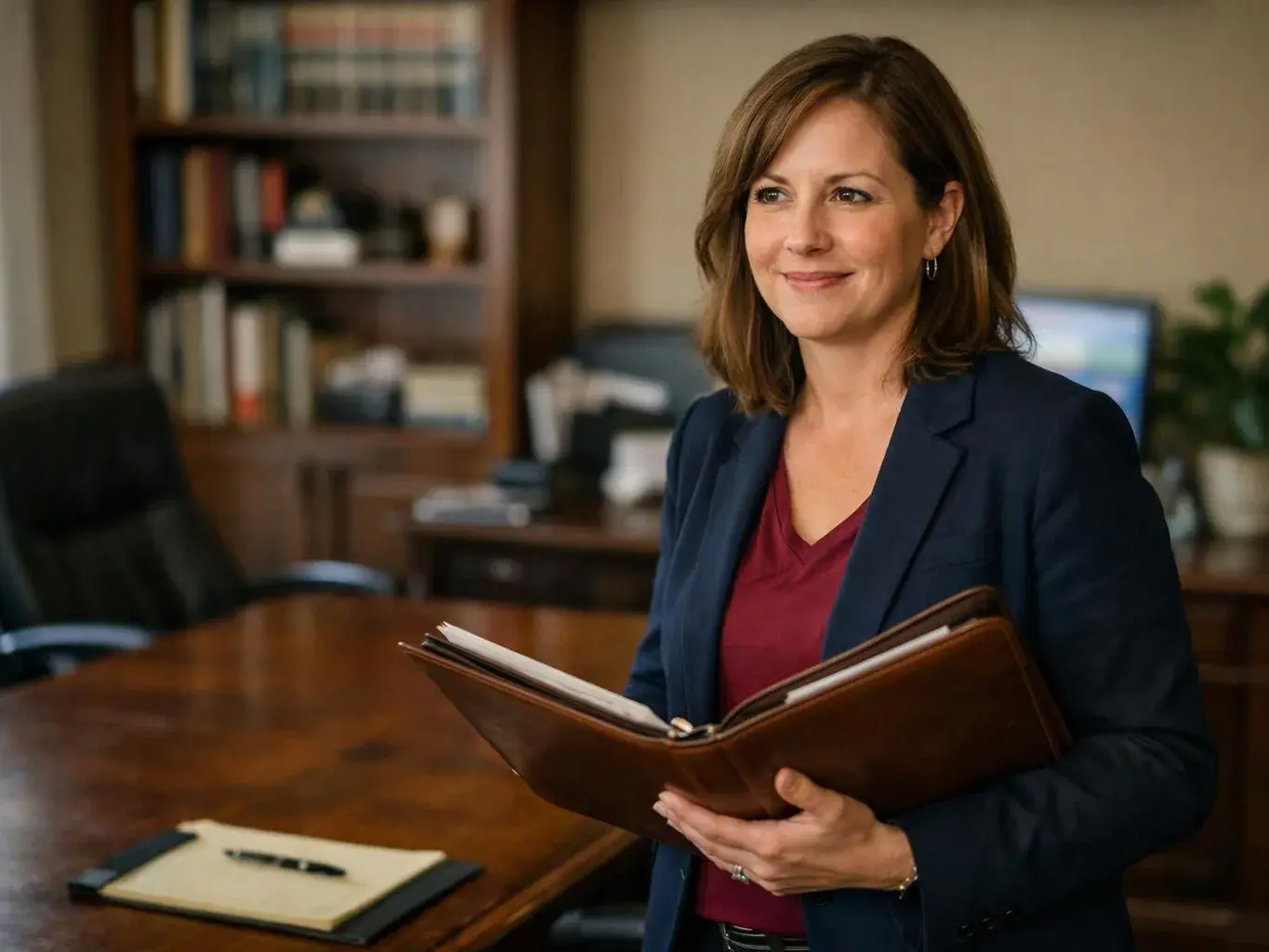 A smiling woman stands in an office holding an open brown binder beside a wooden conference table