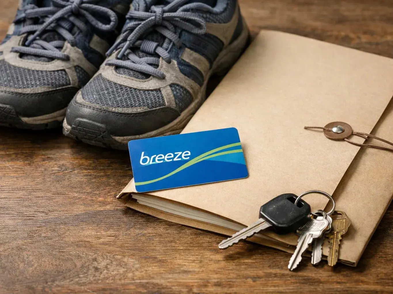 Sneakers sit beside a brown envelope, a blue Breeze card, and a key ring on a wooden table