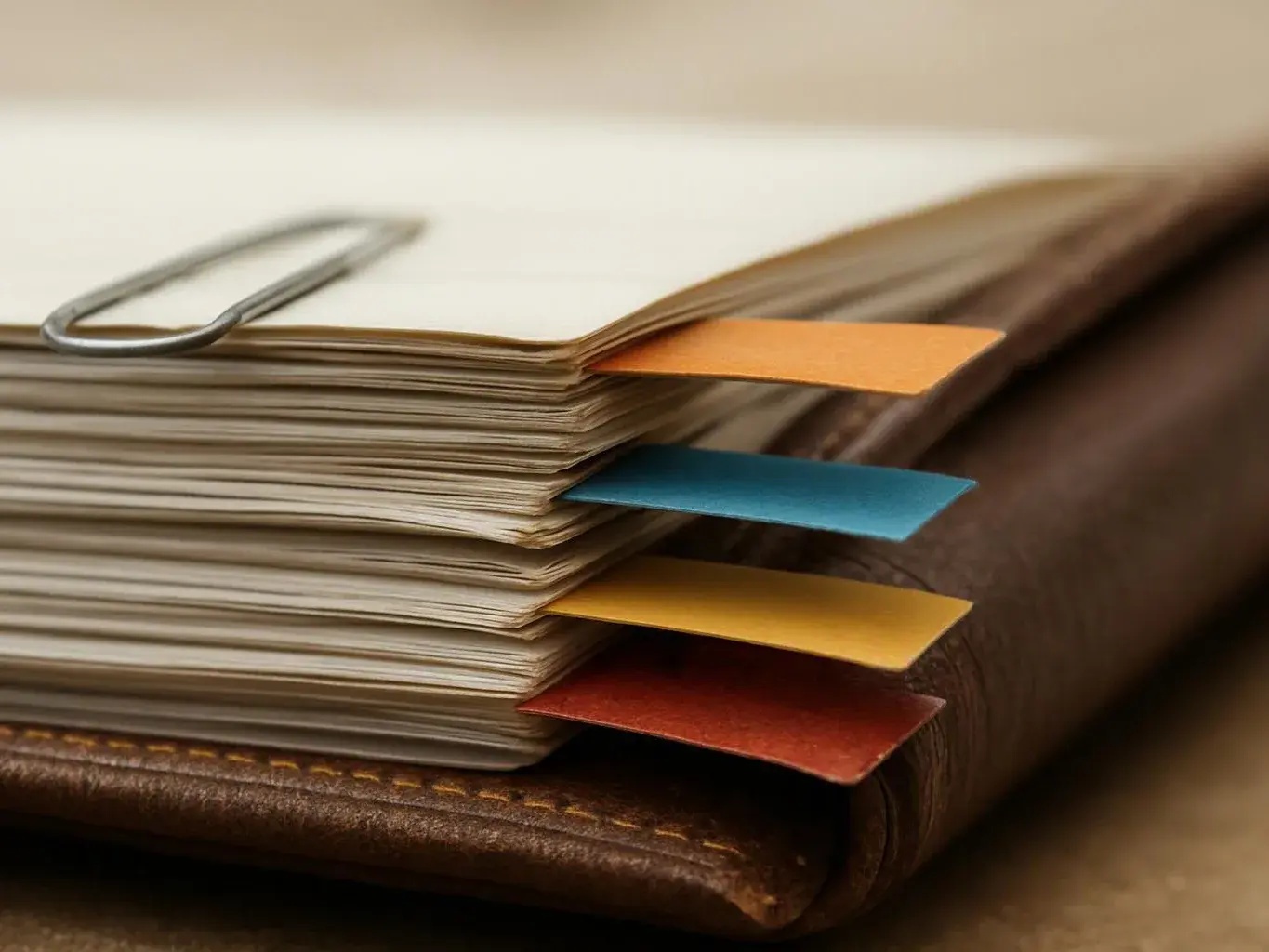 A stack of papers clipped together with colorful page tabs rests on a brown leather notebook