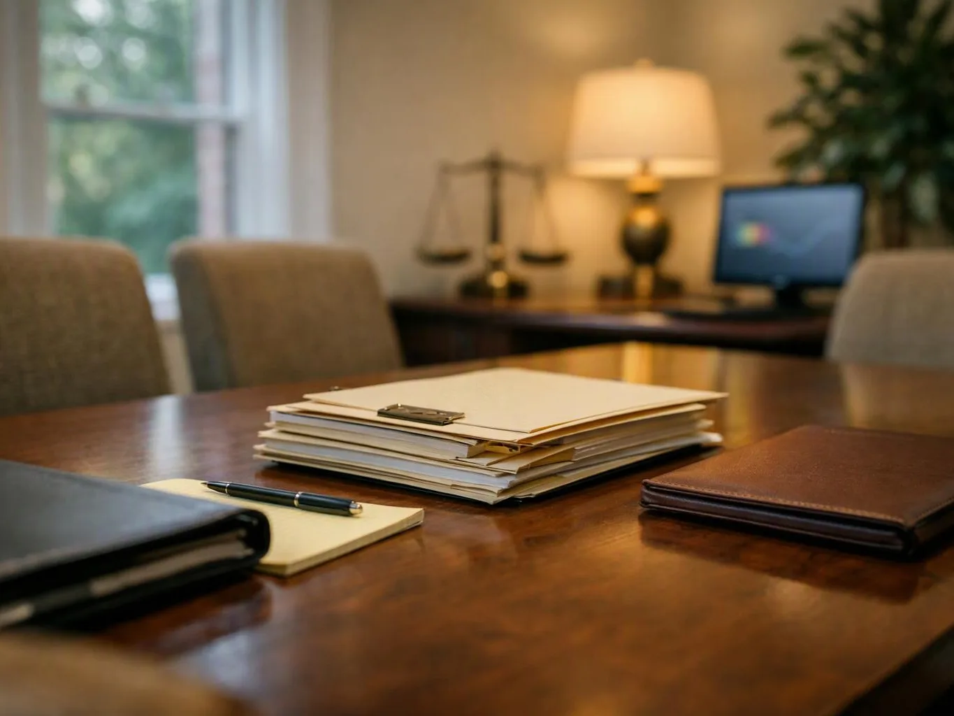 A stack of papers, notebooks, and a pen sit on a polished conference table in a quiet office