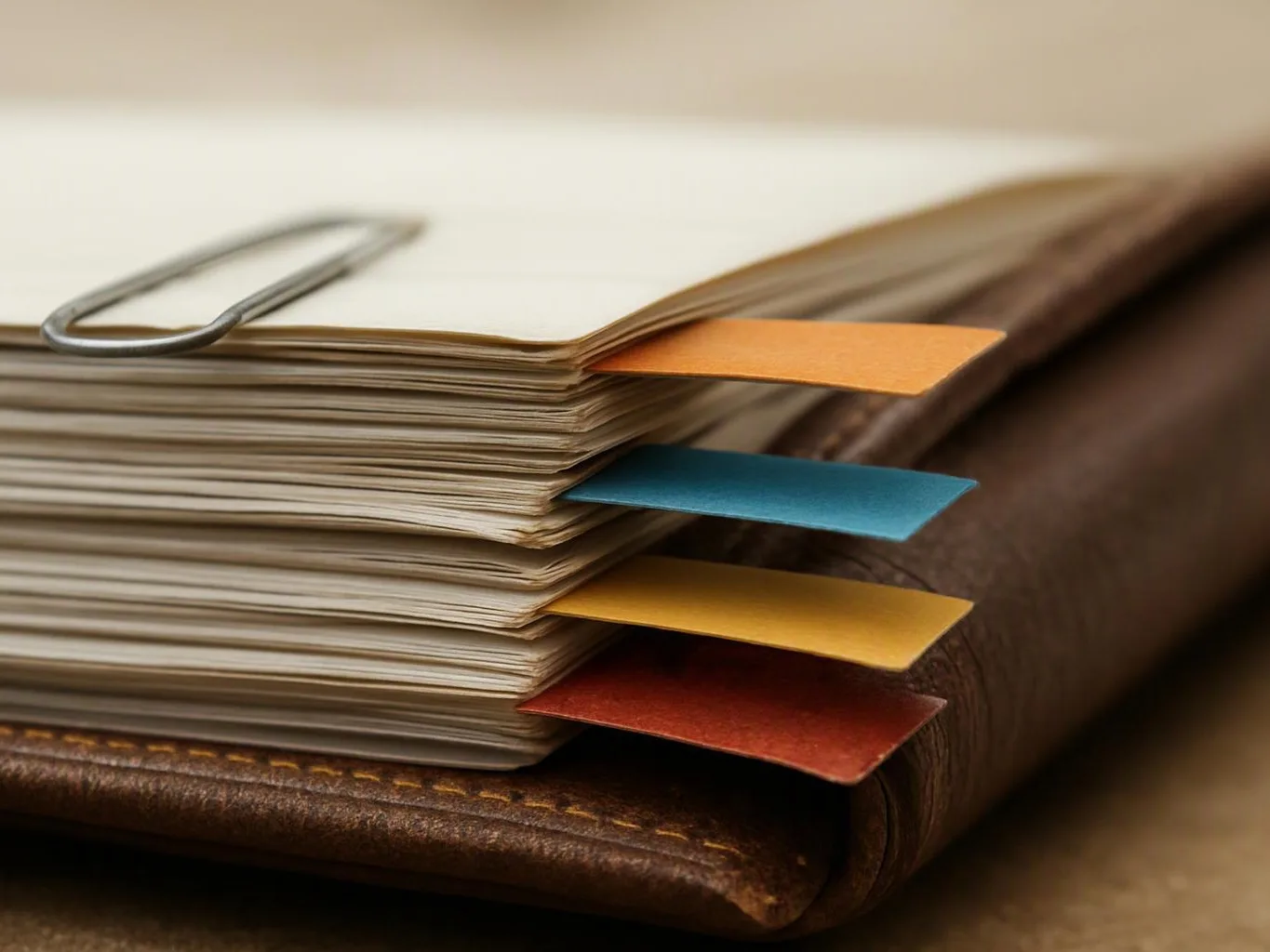 Stacked notebook pages with colorful tabs and a paperclip rest on a brown leather surface