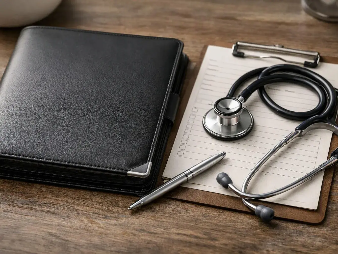 A stethoscope, pen, and checklist clipboard sit beside a black binder on a wooden desk