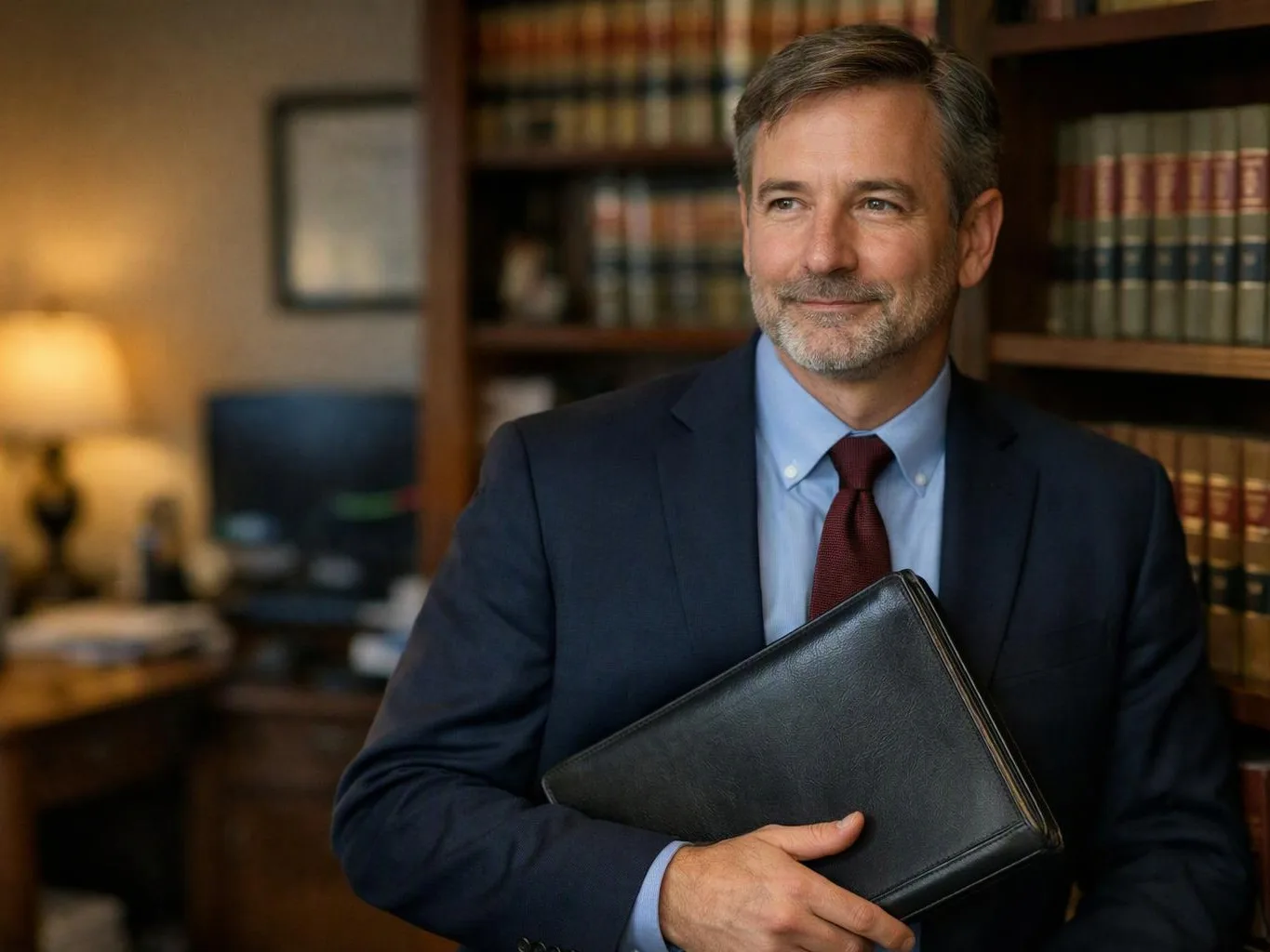 A suited man holds a black folder in a book-lined office and looks off to the side