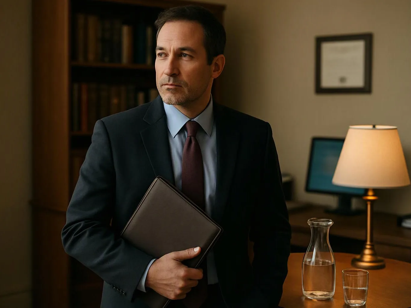 A suited man holds a folder in a quiet office with a lamp, desk, computer, and bookshelves