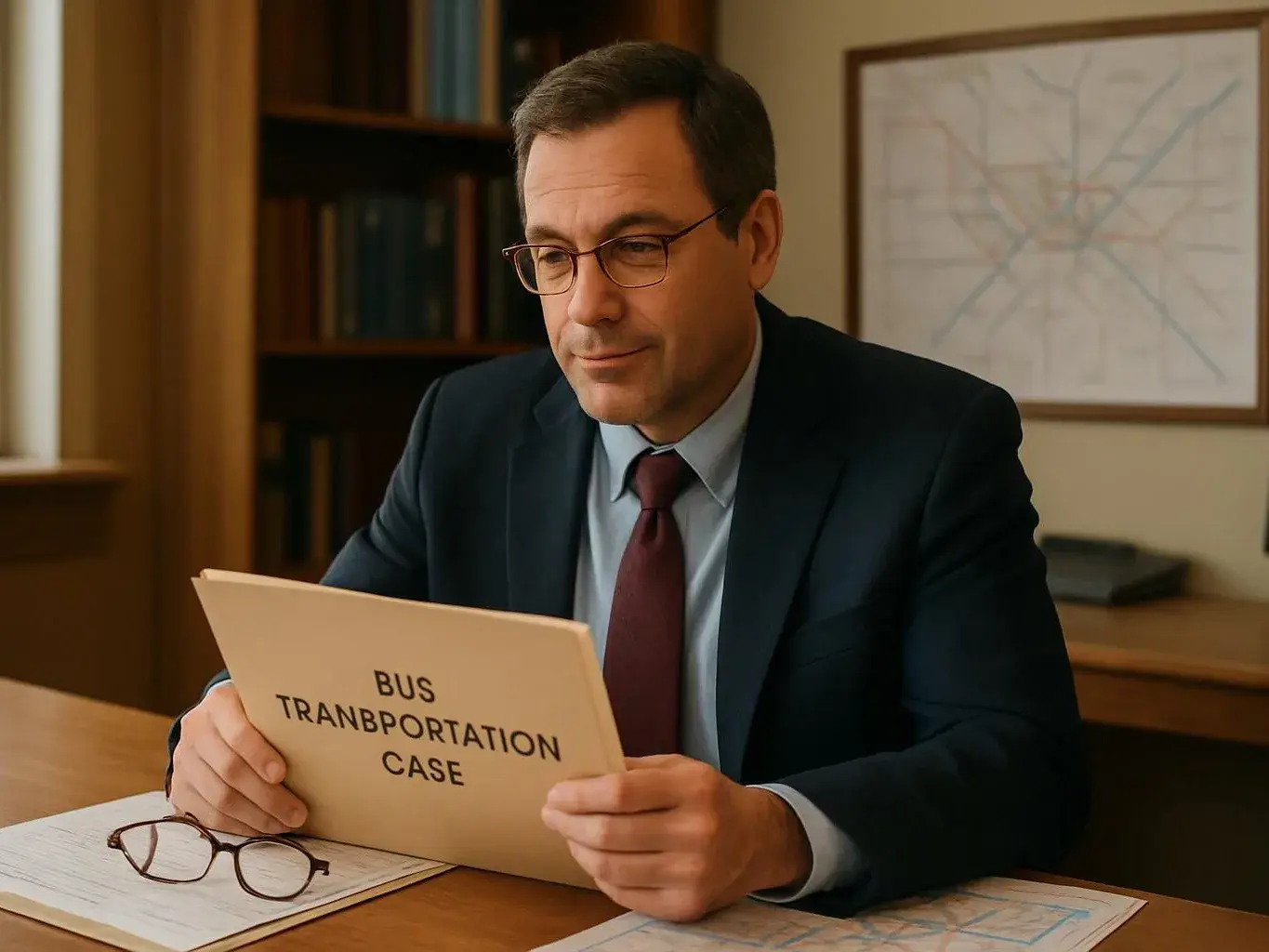 A suited man reads a folder labeled “BUS TRANBPORATION CASE” at a desk in an office