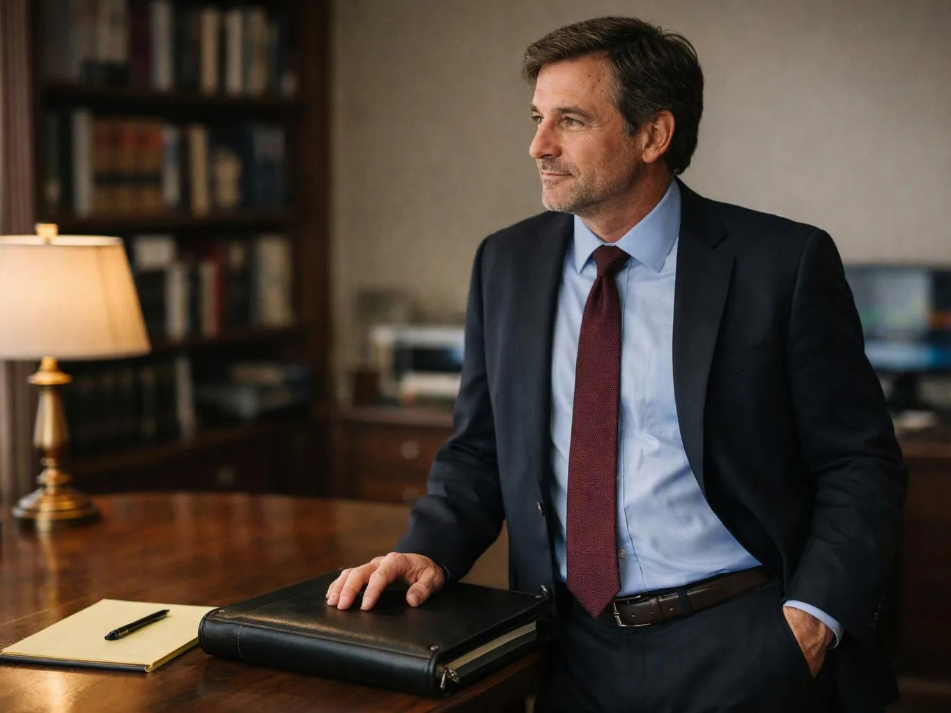 A suited man stands beside a wooden desk with a folder and notepad in a book-lined office