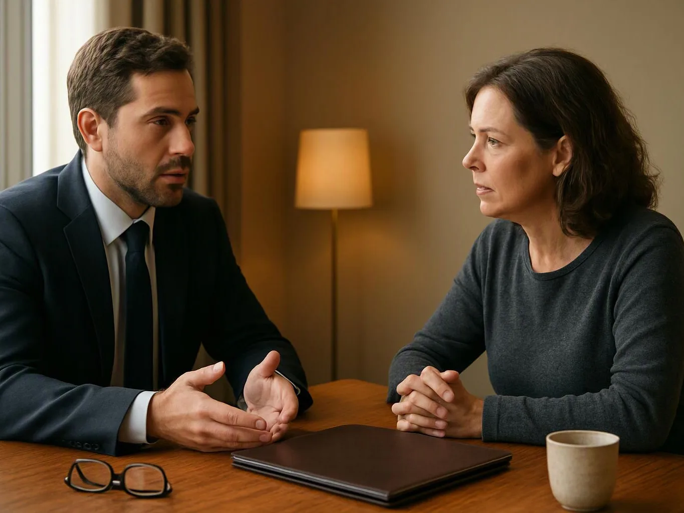 A suited man and a woman sit across a wooden table, talking seriously beside a closed laptop and lamp