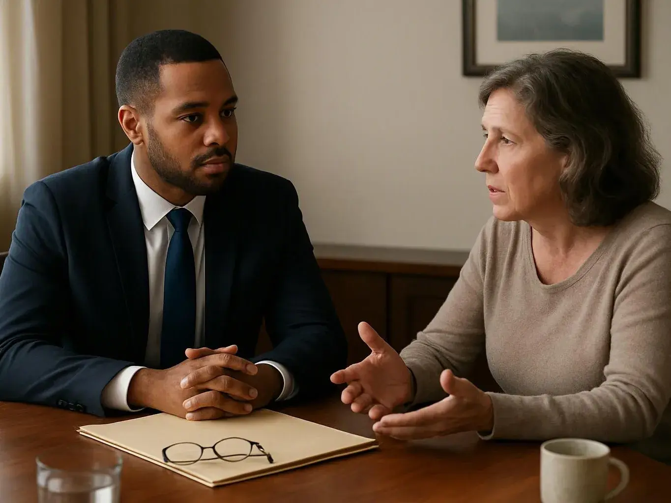A suited man and a woman sit at a table, talking over papers and glasses in a quiet room