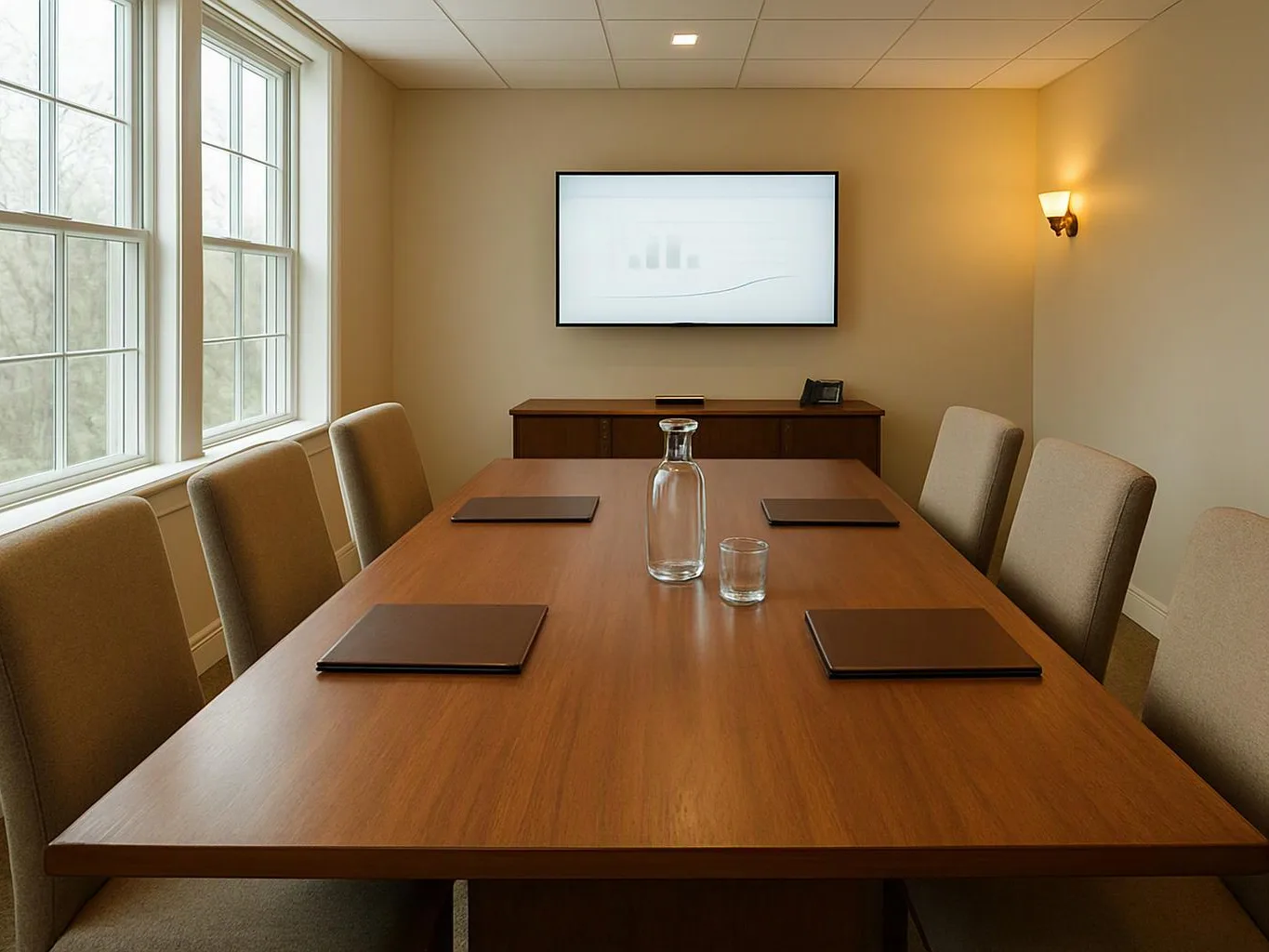 A tidy conference room shows a wooden table, eight chairs, notebooks, a water carafe, and a wall screen