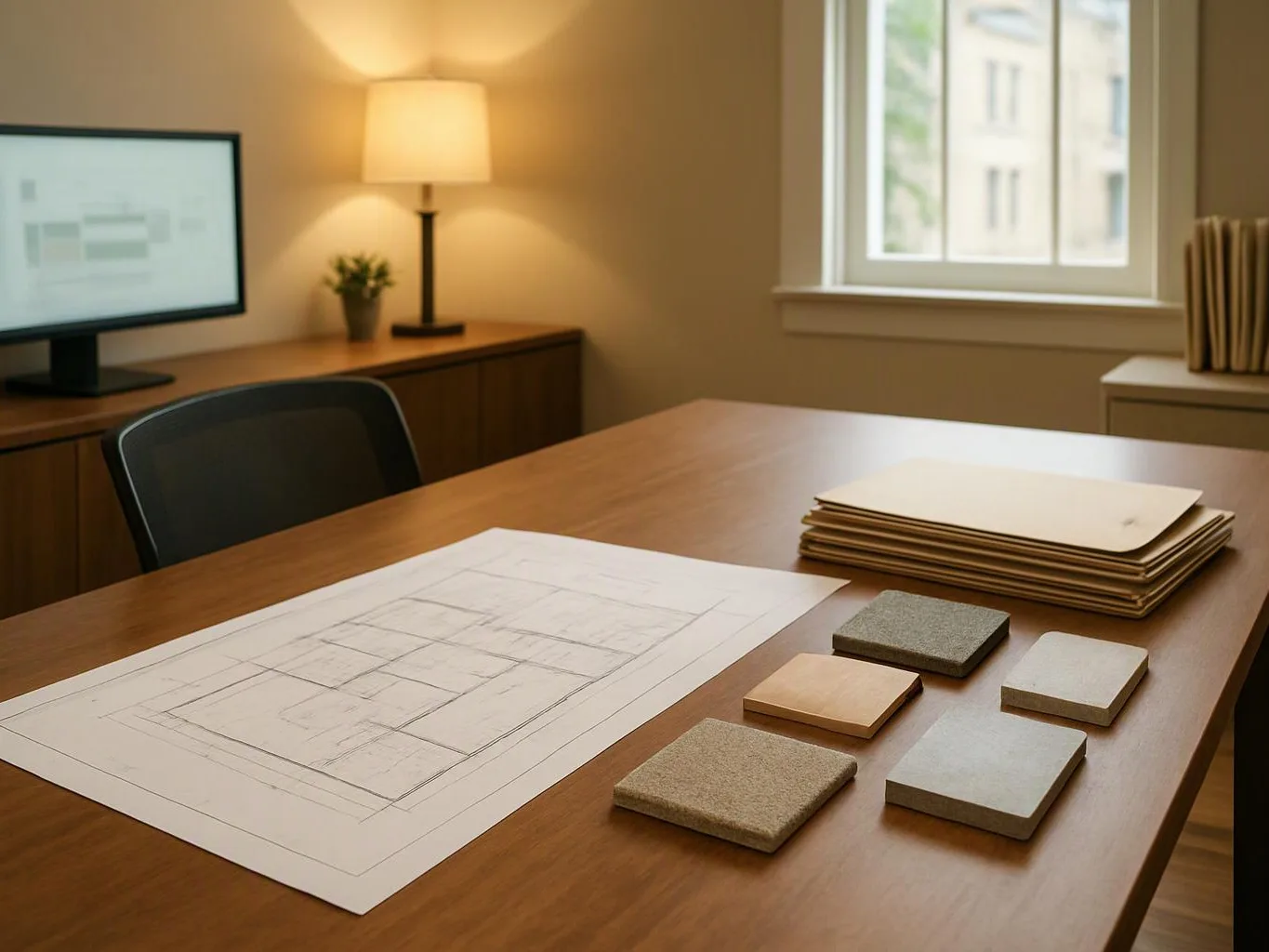 A tidy office desk holds a floor plan, stacked folders, material samples, a chair, lamp, and computer near a window