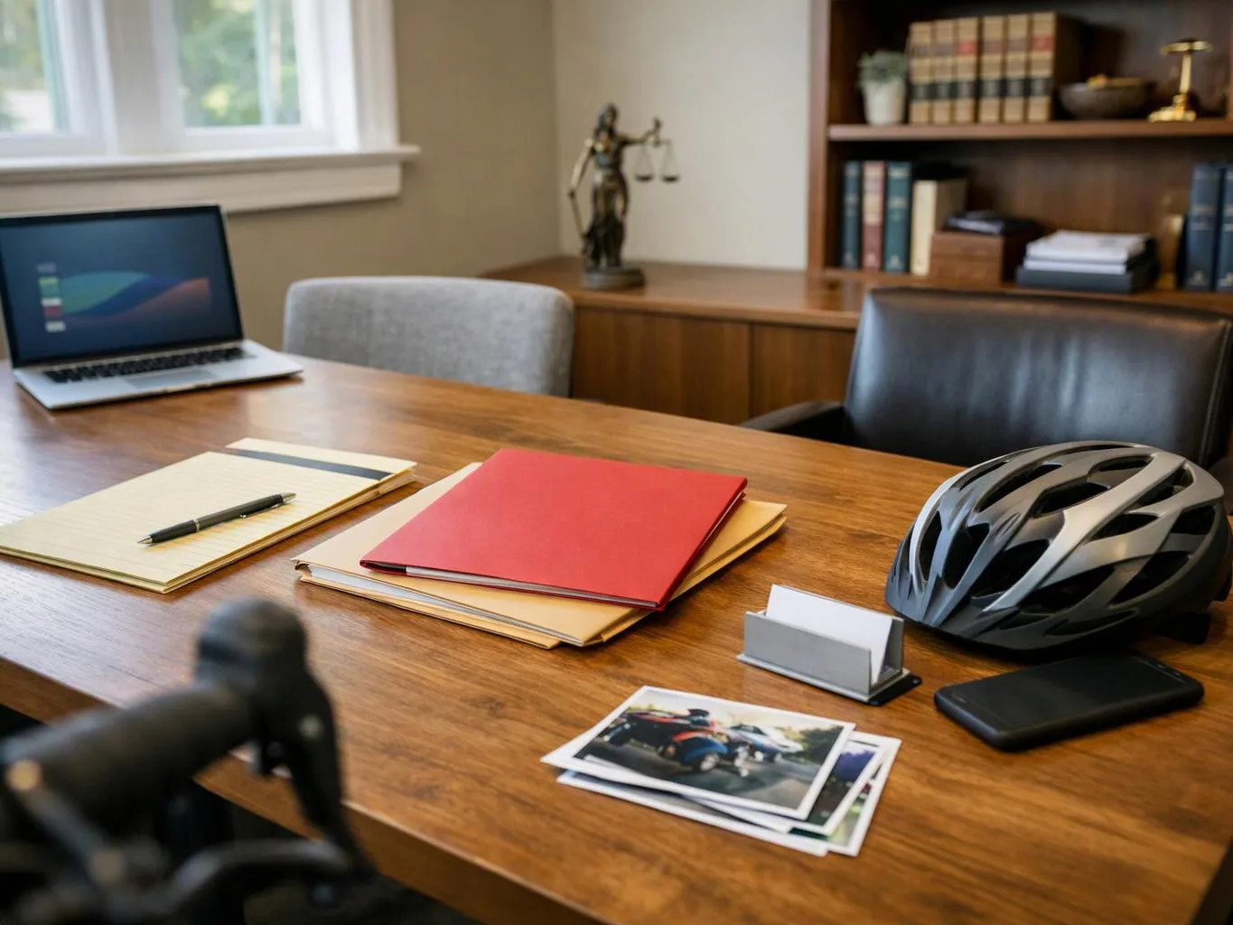 A tidy office desk holds folders, a notebook, a laptop, a helmet, a phone, and printed photos