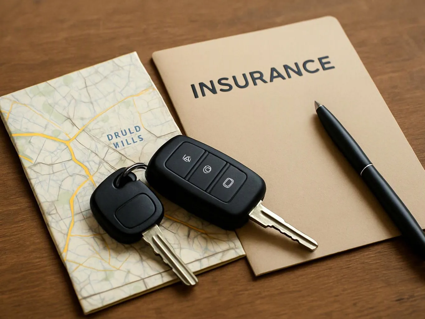 Two car keys rest on a map beside an insurance folder and a pen on a wooden table