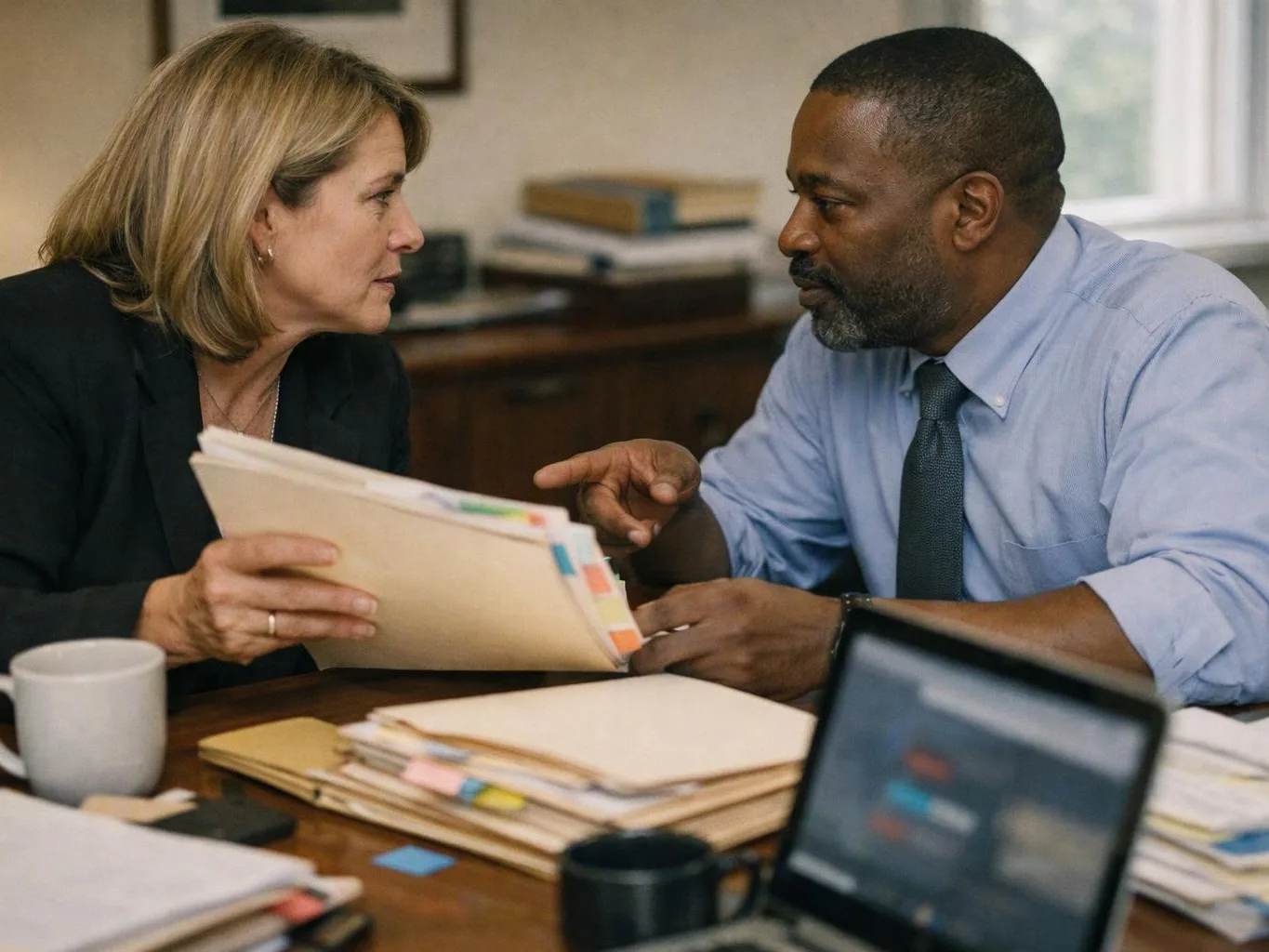Two coworkers lean across a desk, talking over a stack of folders in a small office