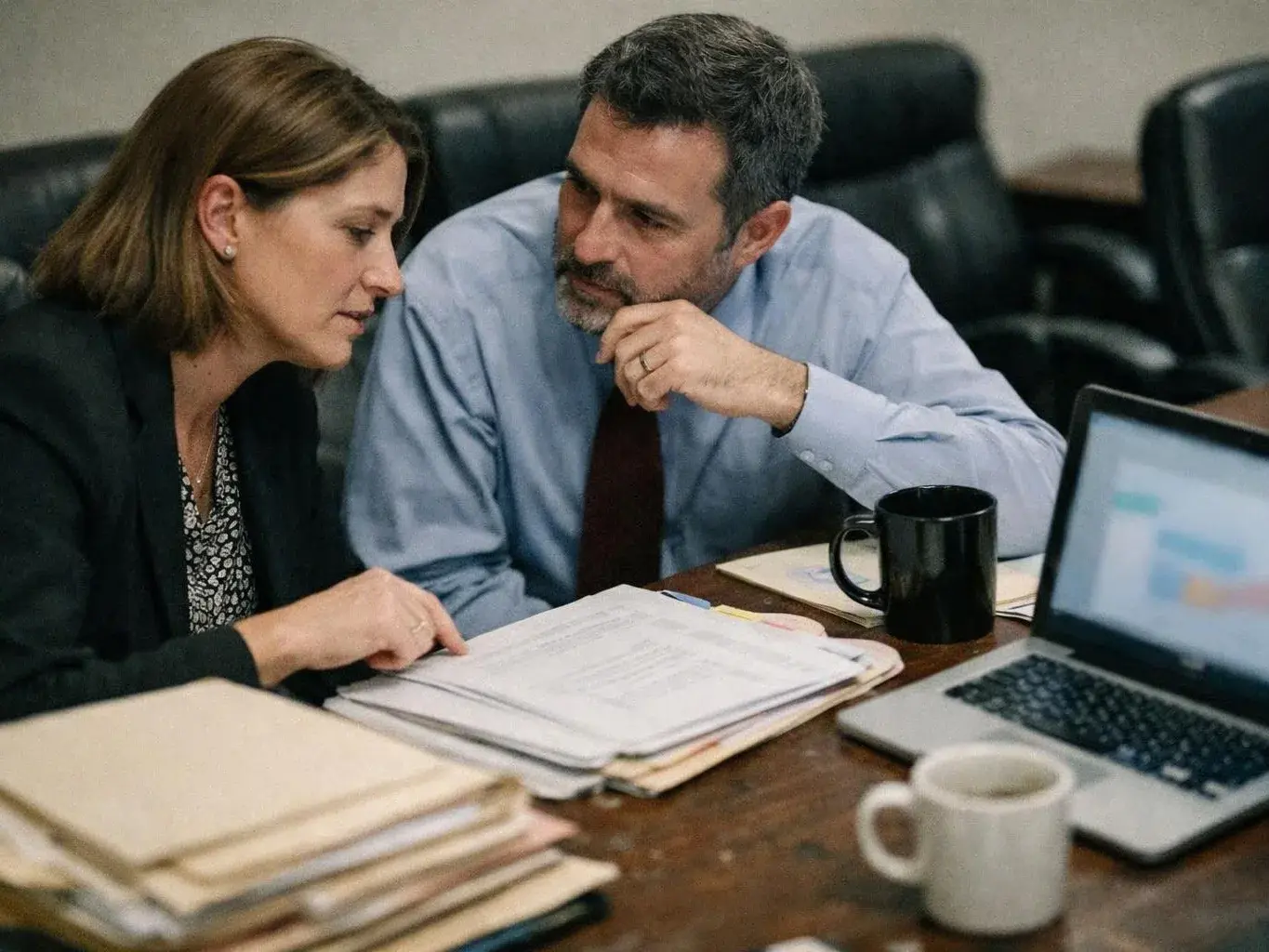 Two coworkers review papers at a table, leaning over documents beside a laptop and coffee mugs