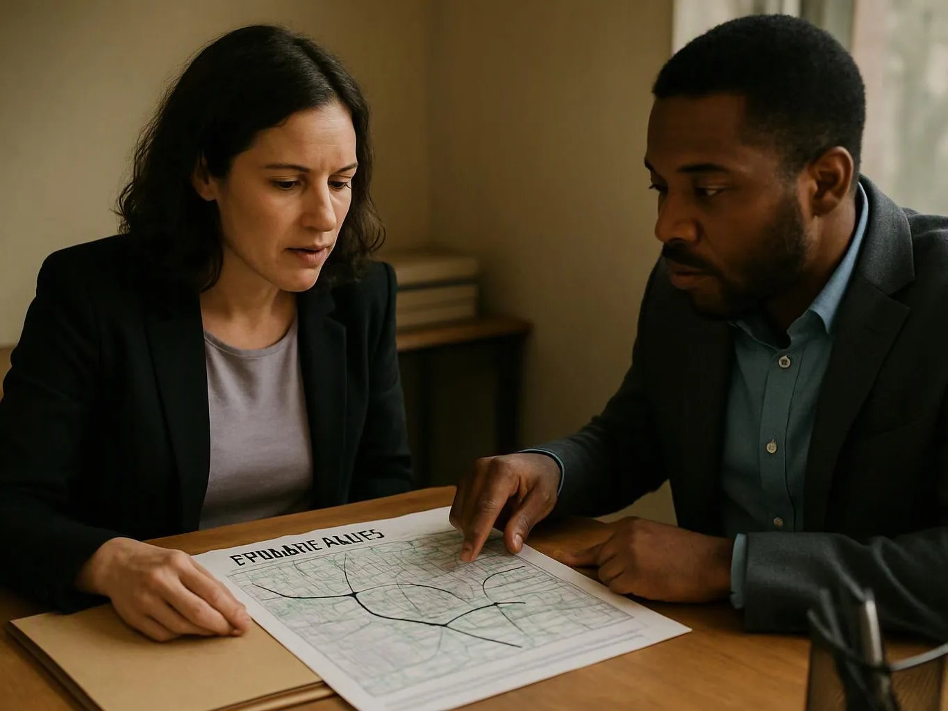 Two coworkers study a map printout at a wooden table in a plain office room
