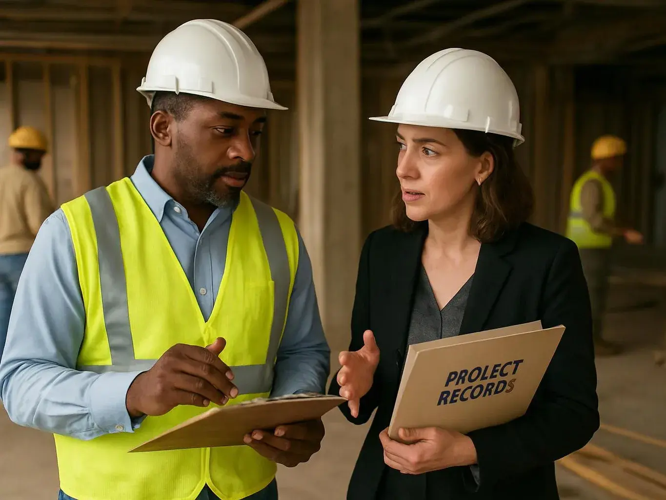 Two hard hat workers review clipboards inside an unfinished building site