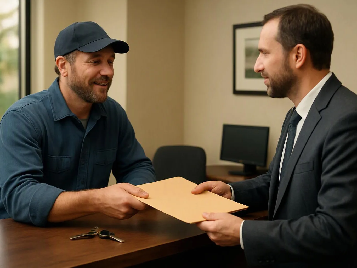 Two men at a desk hand over a large manila envelope in a small office
