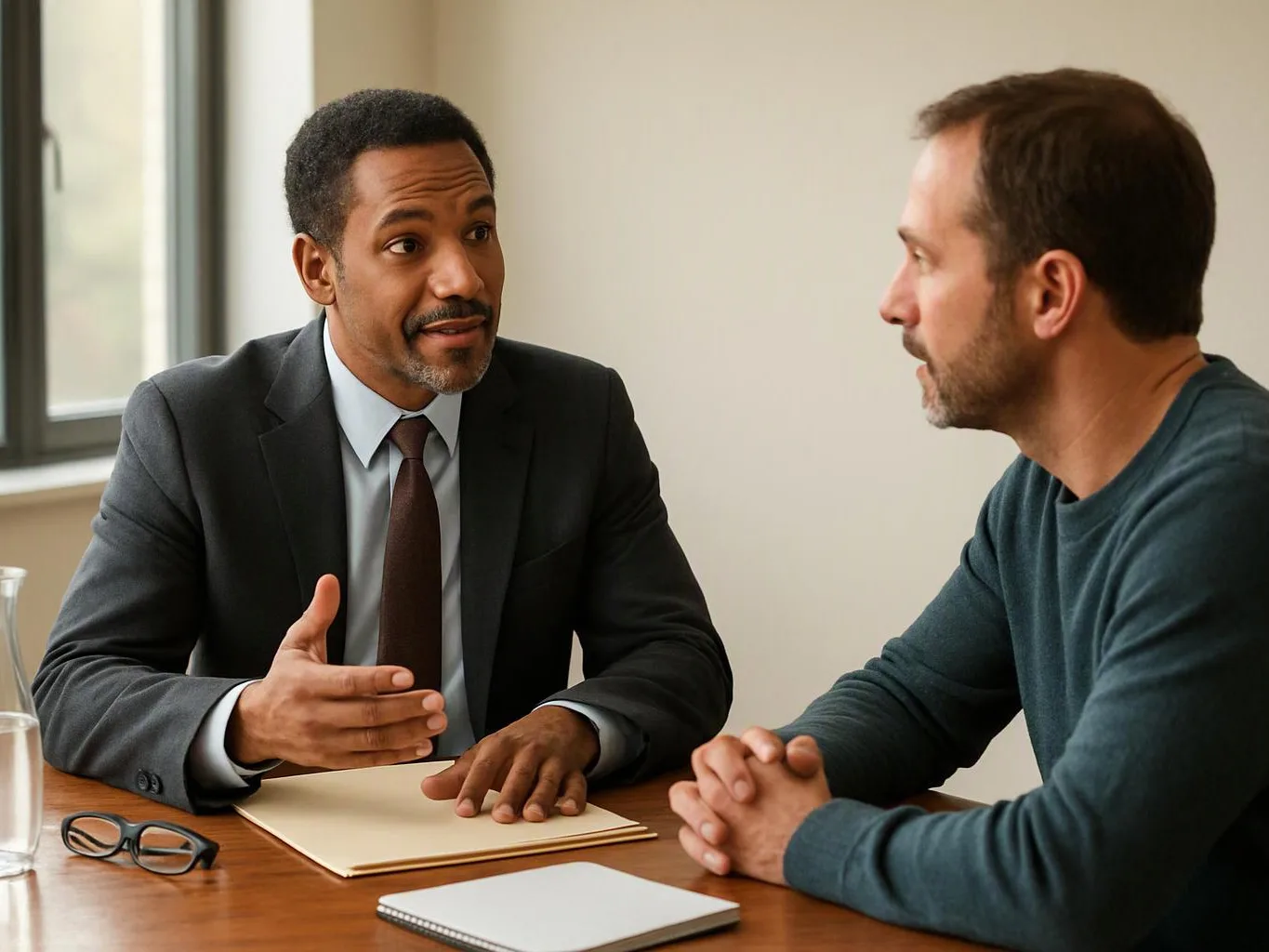Two men sit across a table, one in a suit speaking and gesturing while the other listens closely in a bright room