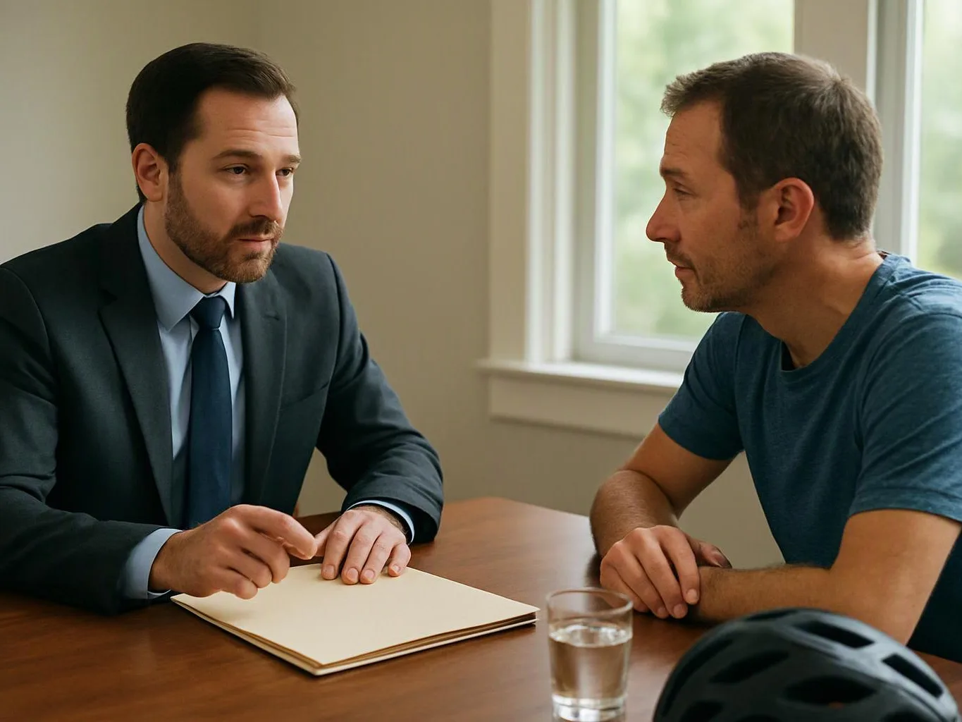 Two men sit at a table in a bright room, talking over a folder beside a glass of water