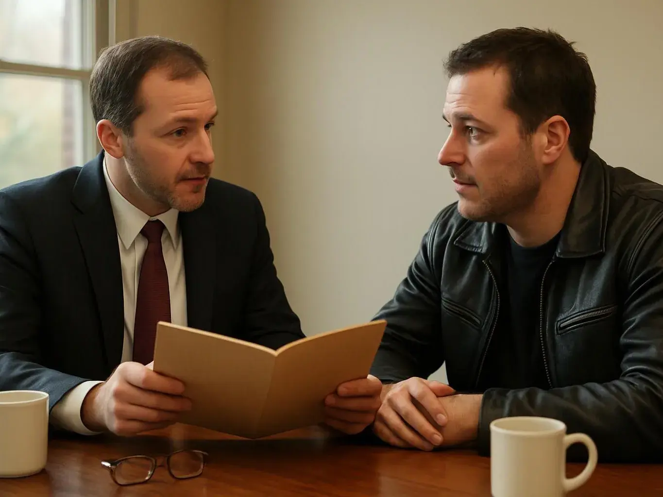 Two men sit at a table, one holding an open folder while they talk in a plain room