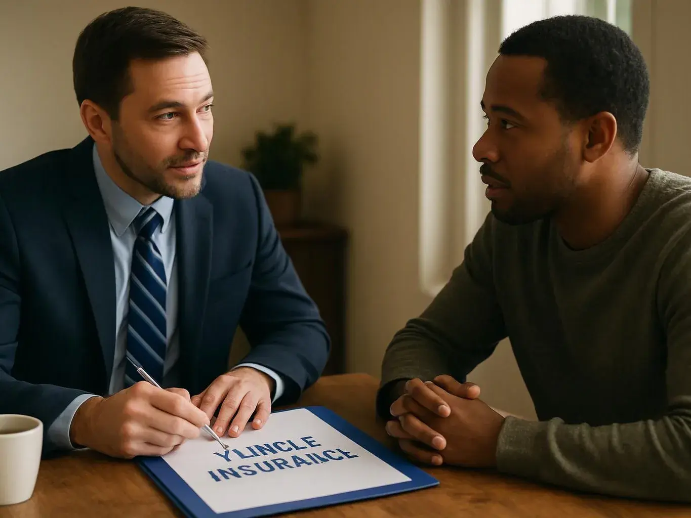 Two men sit at a table, one pointing at a folder labeled “YLNCLE INSURANCE” in a bright office