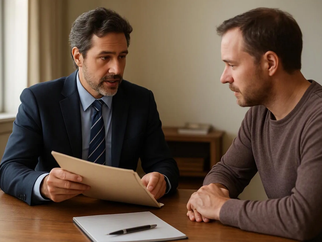 Two men sit at a table, one in a suit showing papers while the other listens in a quiet room
