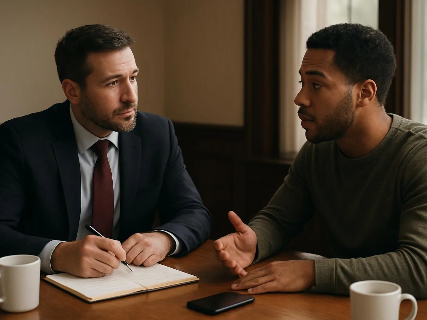 Two men sit at a table, one taking notes while the other gestures during a serious conversation in a room