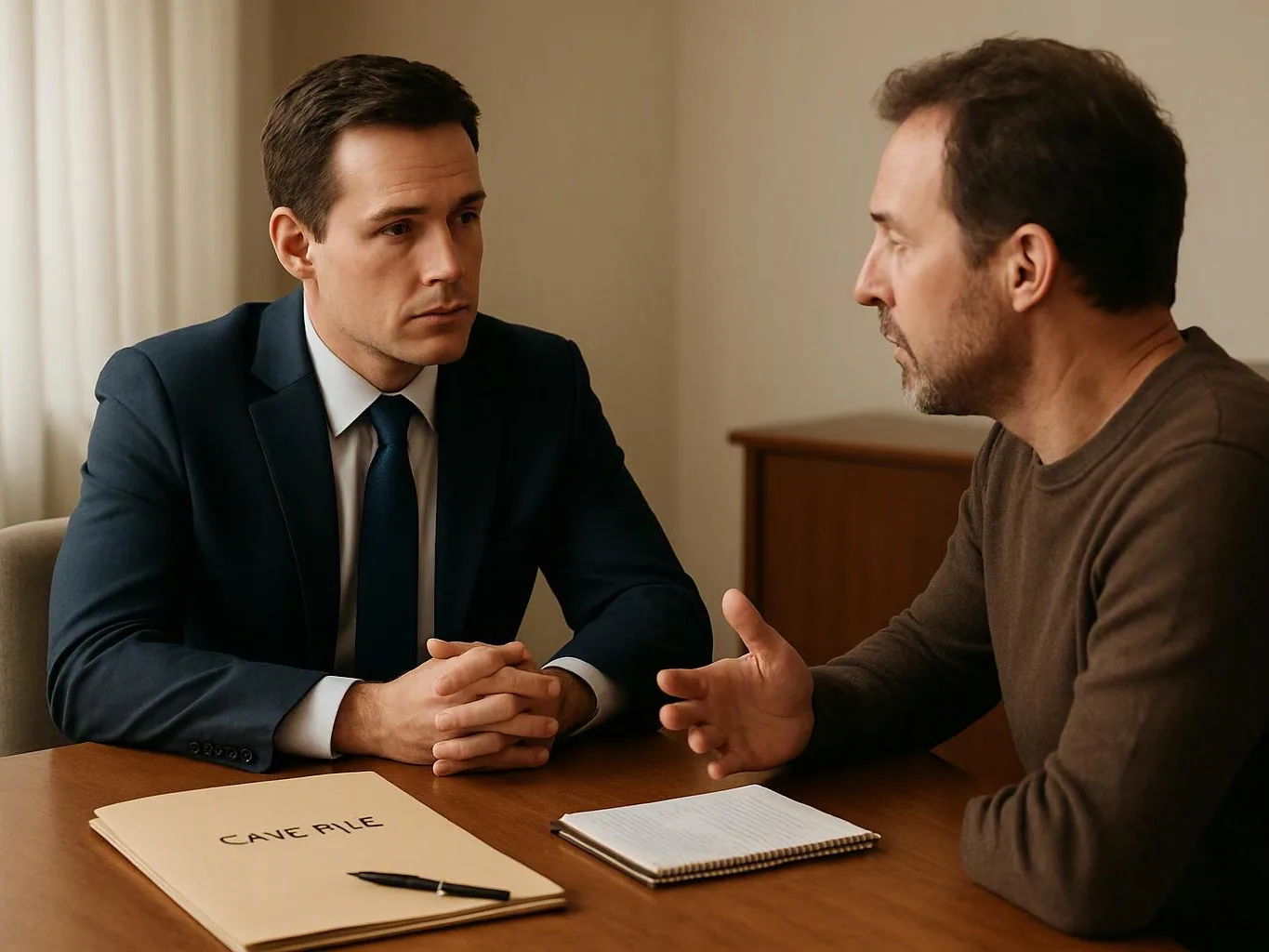 Two men sit at a table, talking across a folder labeled "CAVE FILE" in a quiet room